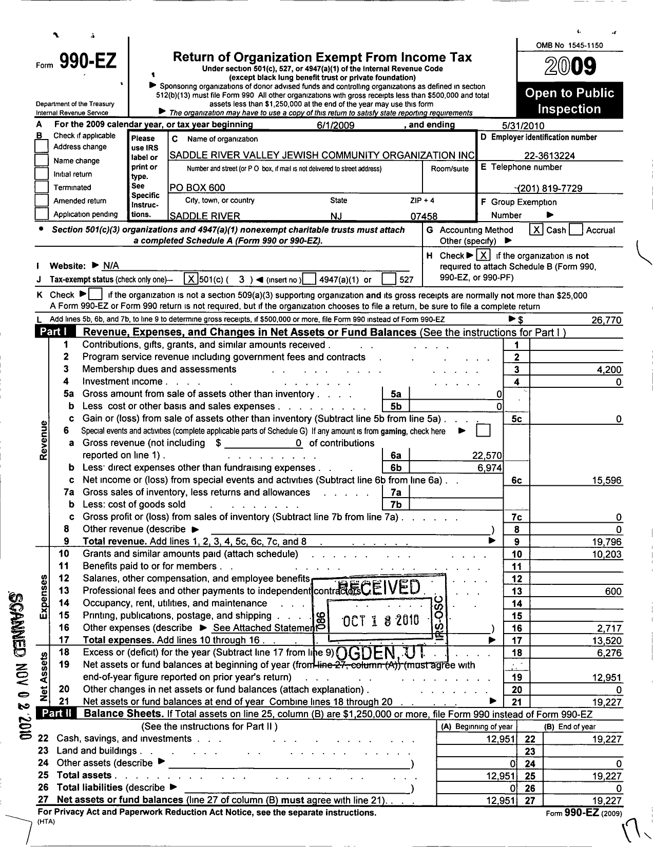 Image of first page of 2009 Form 990EZ for Saddle River Valley Jewish Community Organization