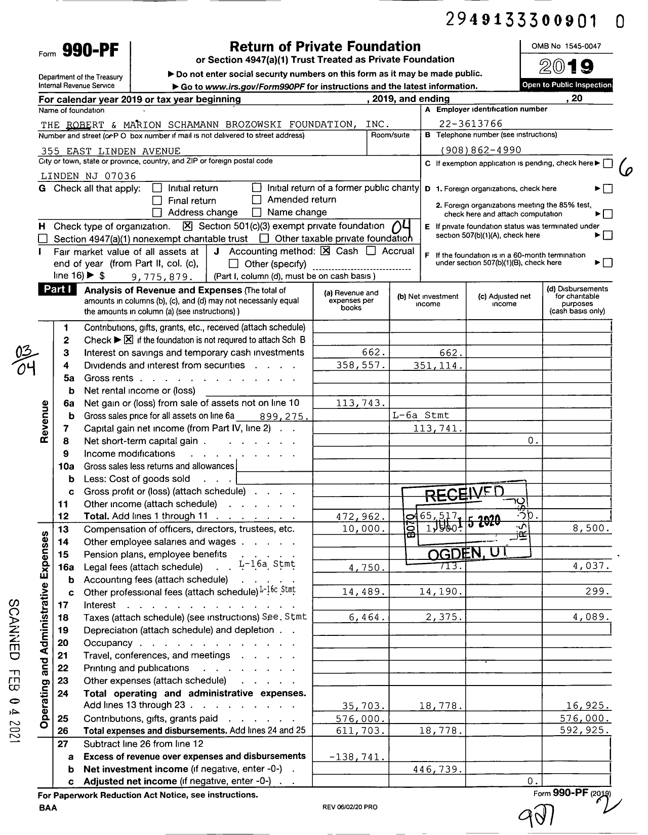 Image of first page of 2019 Form 990PF for The Robert and Marion Schamann Brozowski Foundation