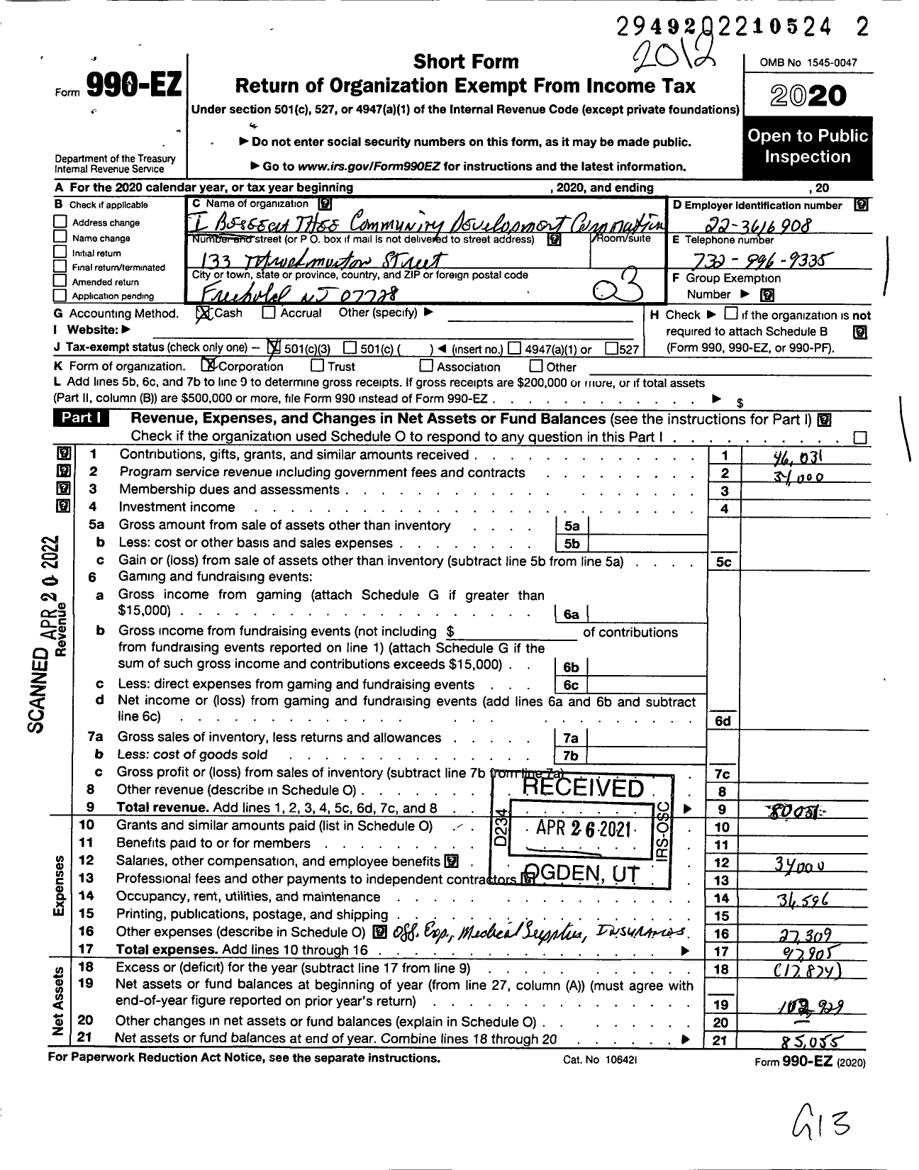 Image of first page of 2020 Form 990EZ for I BeSEECH THEE COMMUNITY DEVELOPMENT CORPORATION