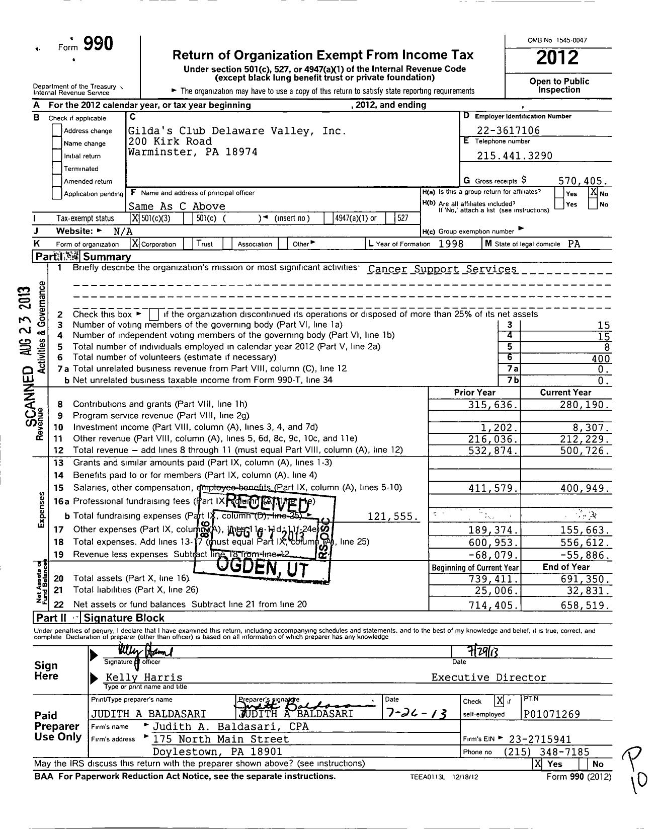 Image of first page of 2012 Form 990 for Gildas Club Delaware Valley