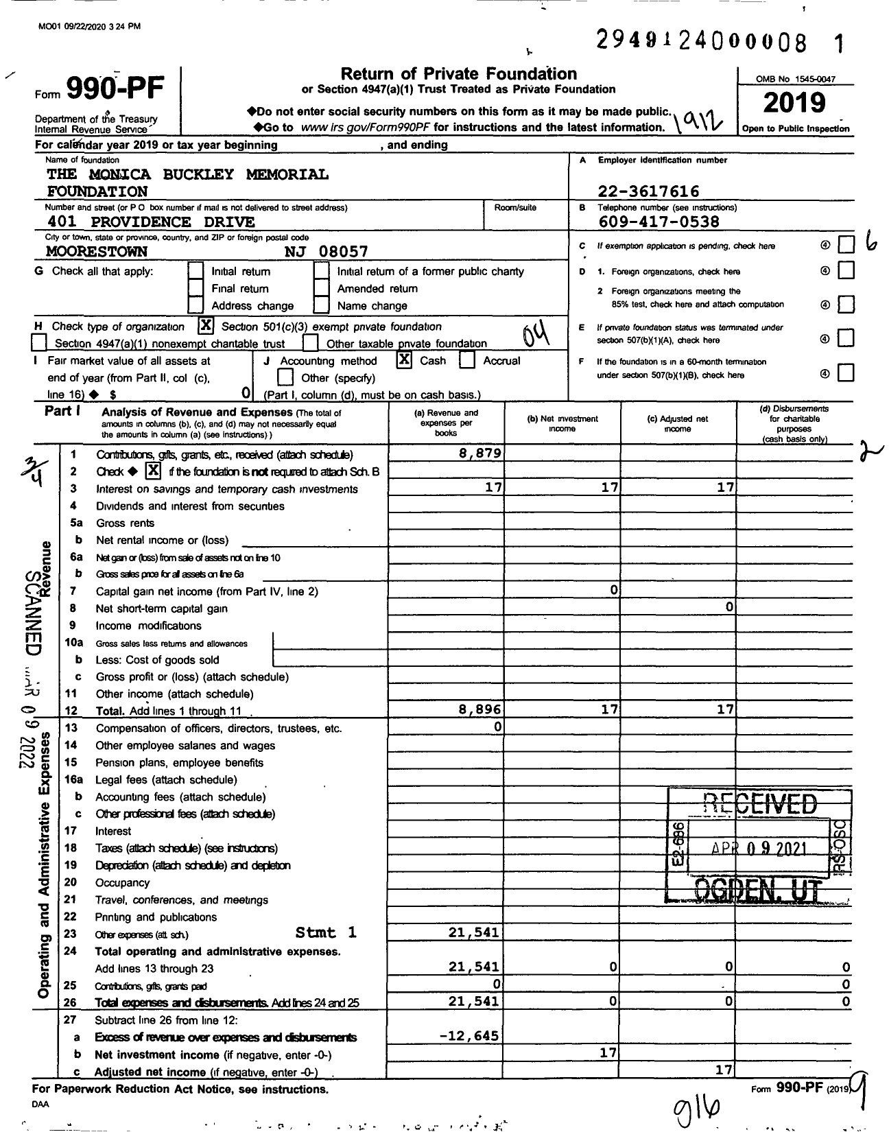 Image of first page of 2019 Form 990PF for Monica Buckley Memorial Foundation