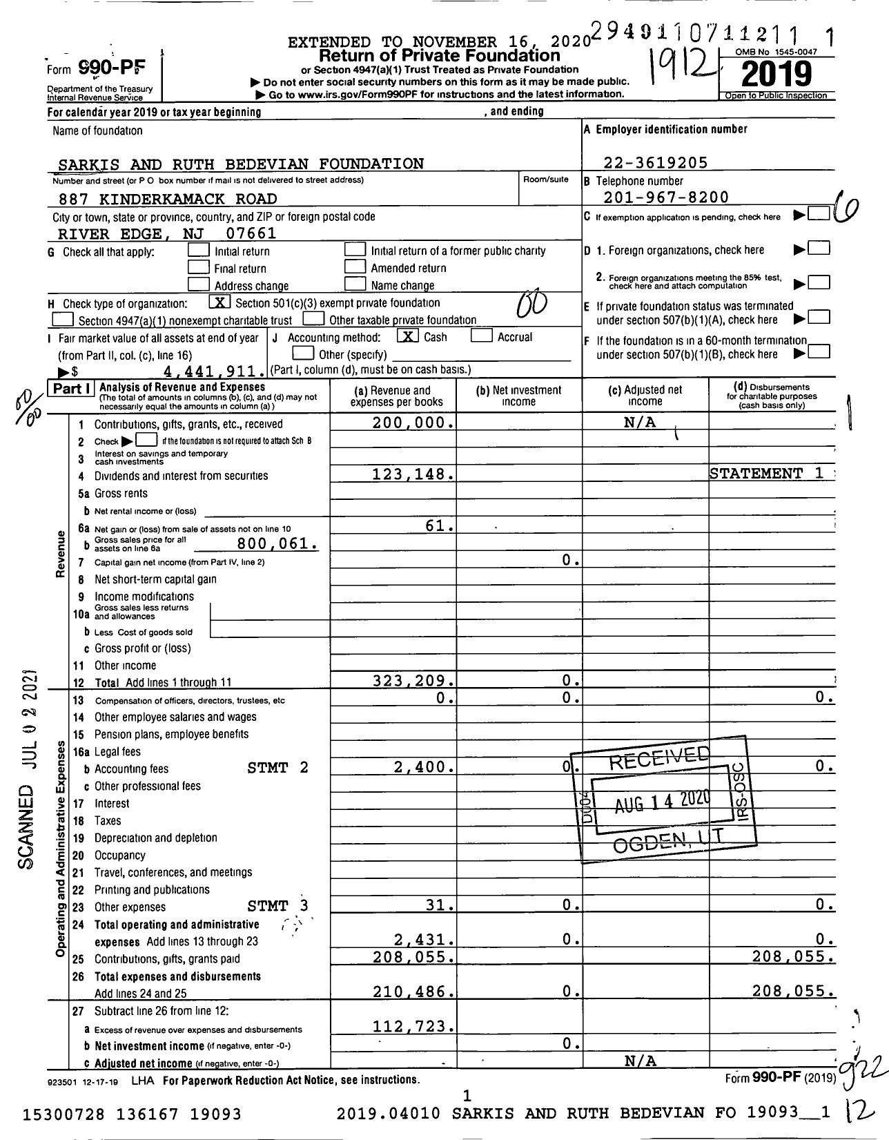 Image of first page of 2019 Form 990PF for The Sarkis and Ruth Bedevian Family Foundation