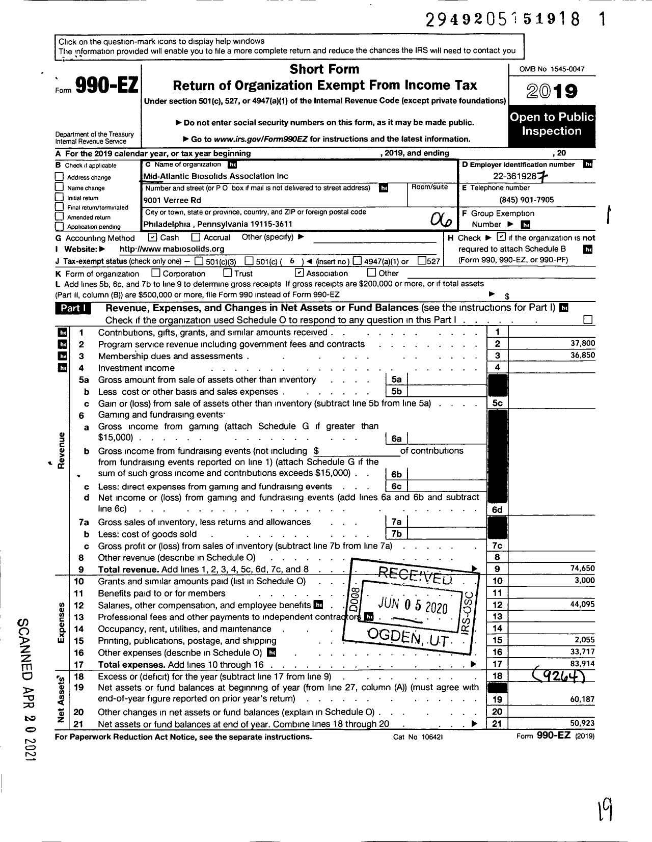 Image of first page of 2019 Form 990EO for Mid-Atlantic Biosolids Association (MABA)