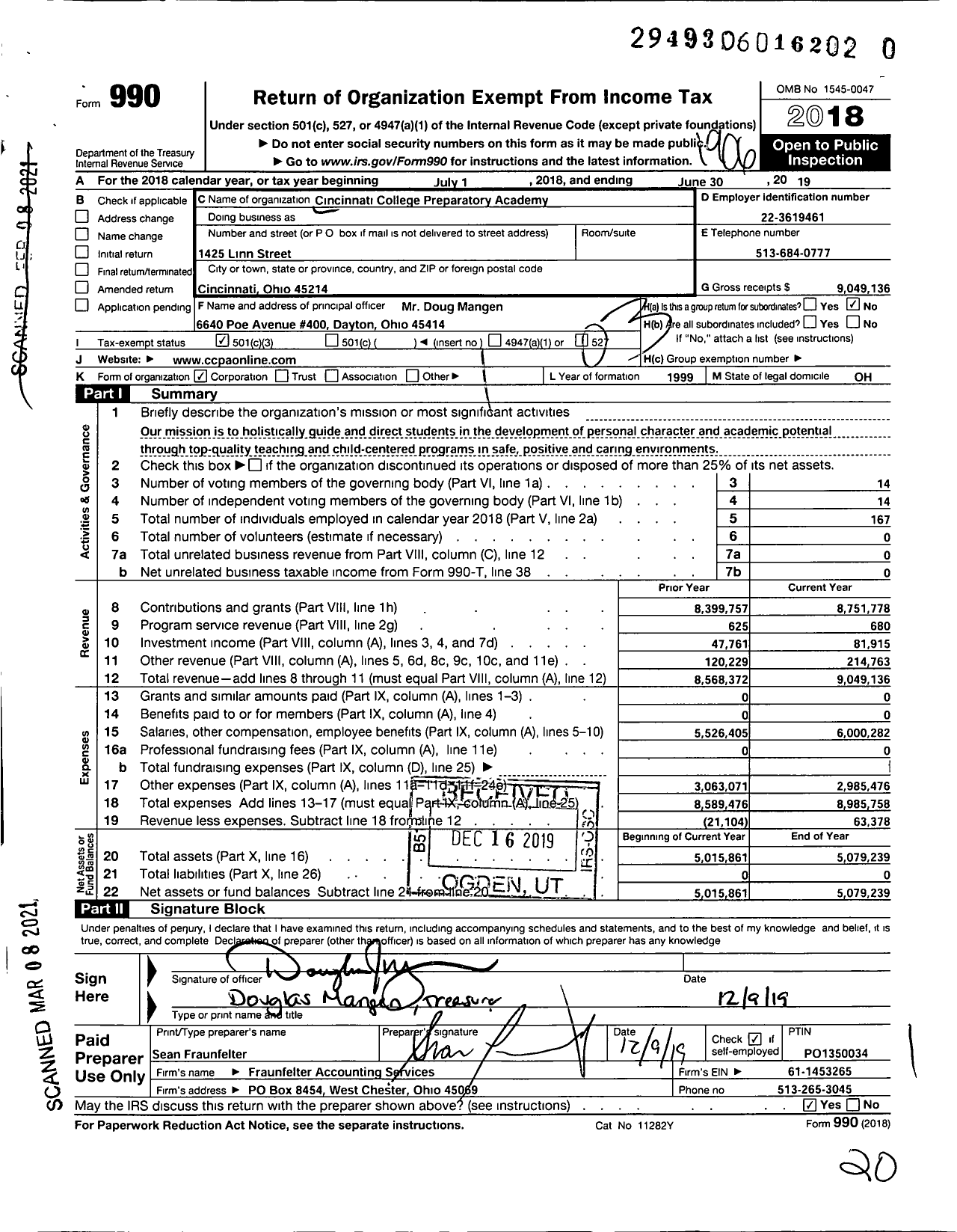 Image of first page of 2018 Form 990 for Cincinnati College Preparatory Academy
