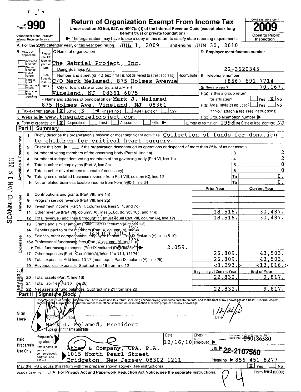 Image of first page of 2009 Form 990 for The Gabriel Project