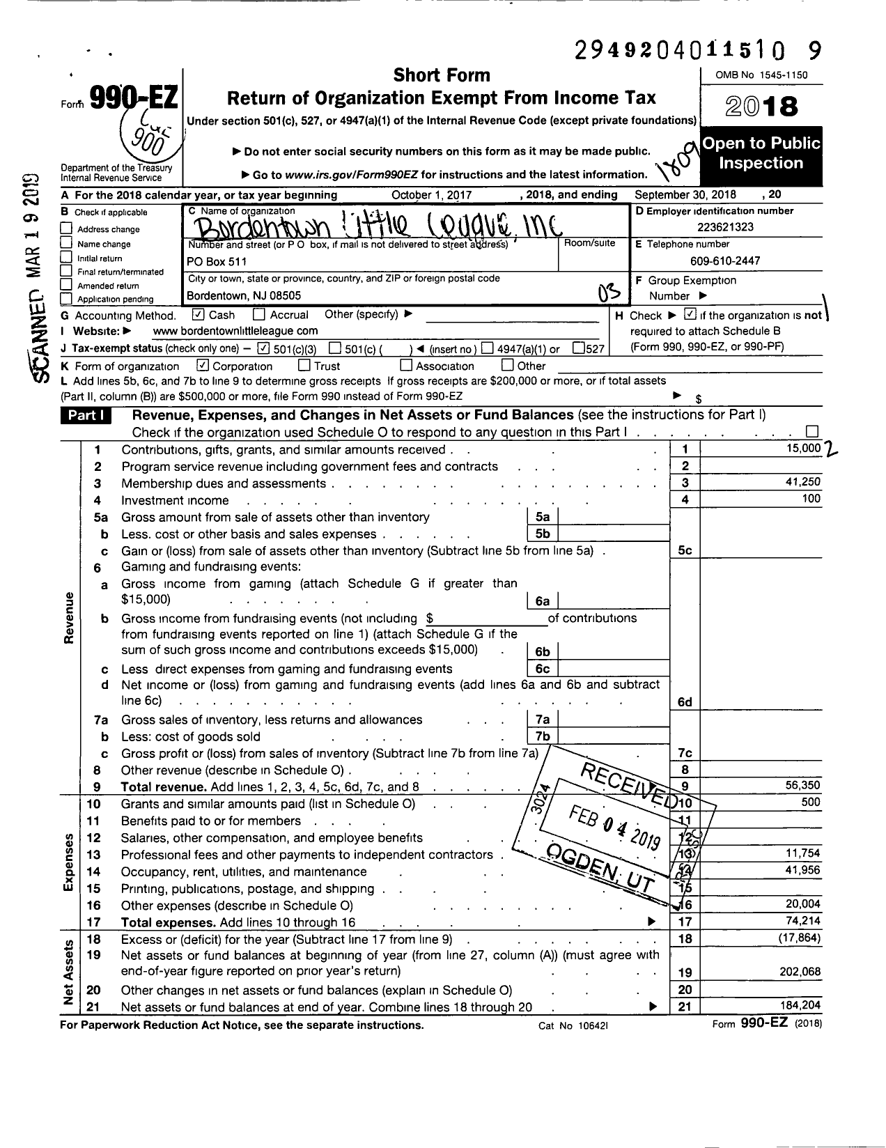 Image of first page of 2017 Form 990EZ for Little League Baseball - Bordentown Little League