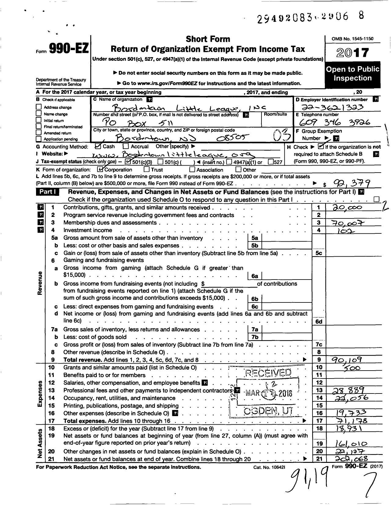 Image of first page of 2017 Form 990EZ for Little League Baseball - Bordentown Little League