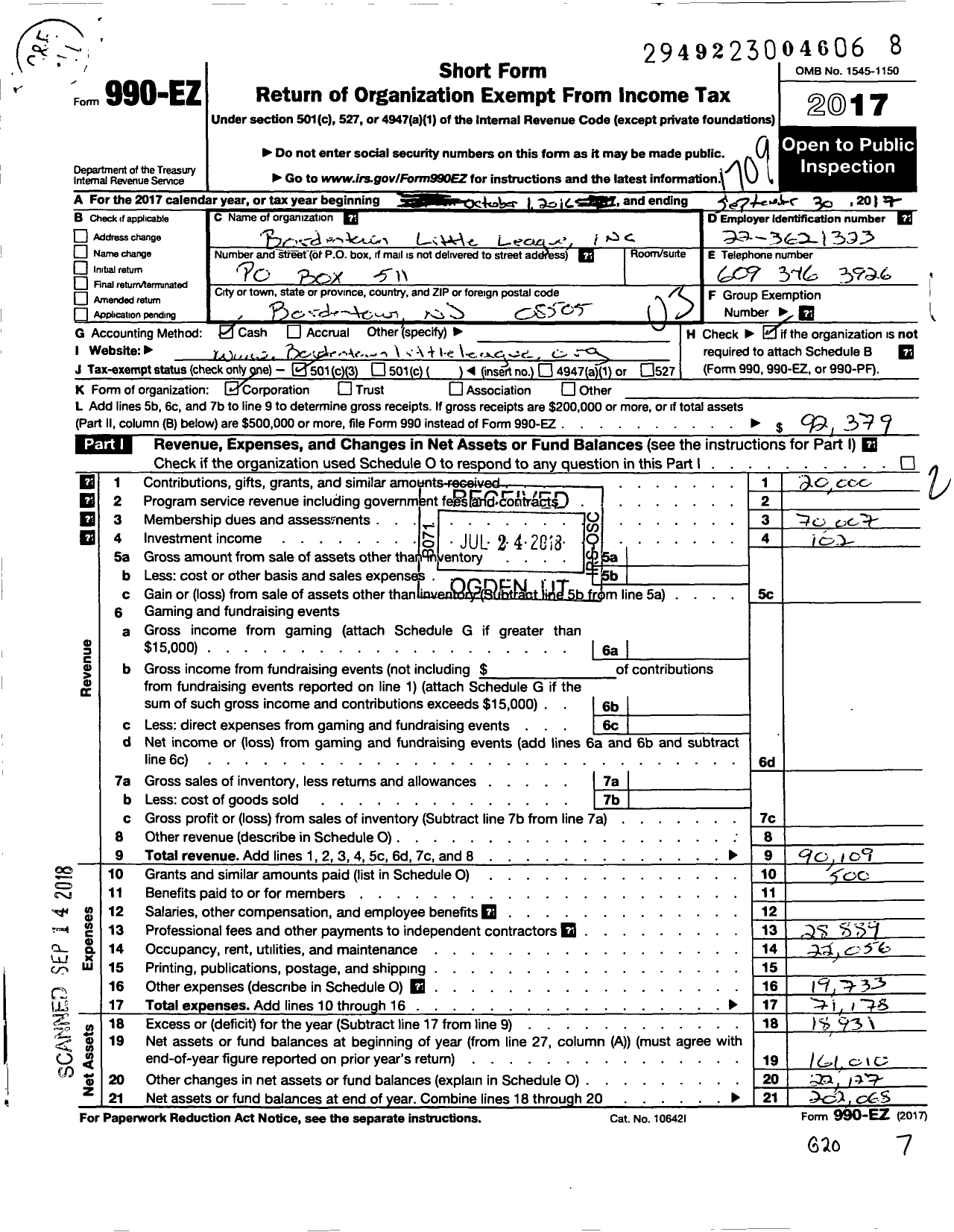 Image of first page of 2016 Form 990EZ for Little League Baseball - Bordentown Little League