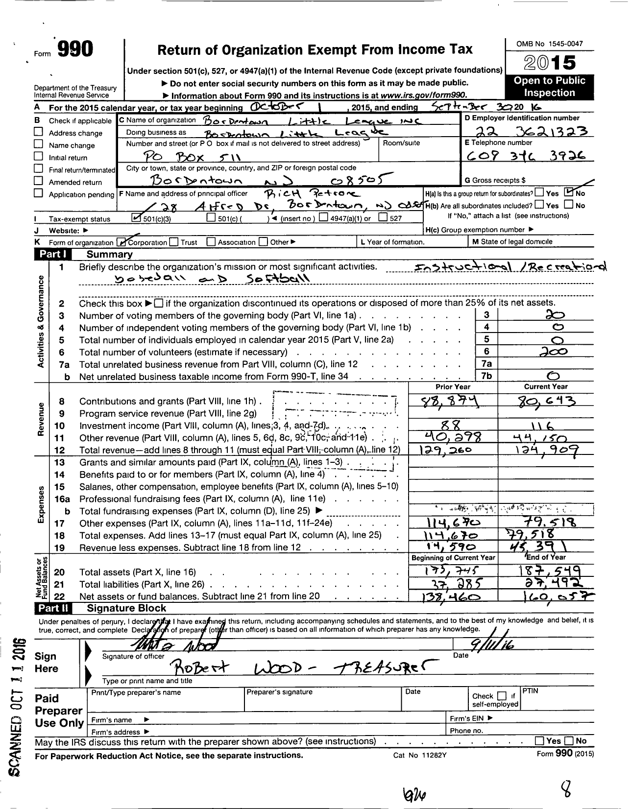 Image of first page of 2015 Form 990 for Little League Baseball - Bordentown Little League