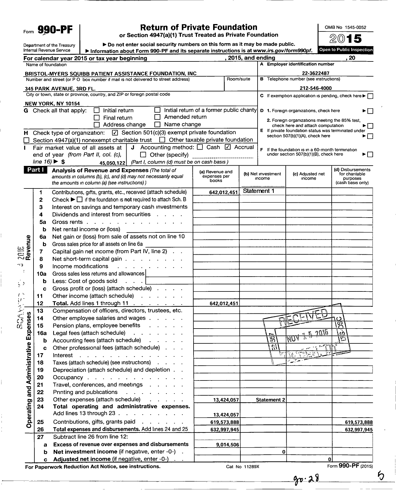 Image of first page of 2015 Form 990PF for Bristol-Myers Squibb Patient Assistance Foundation (BMSPAF)
