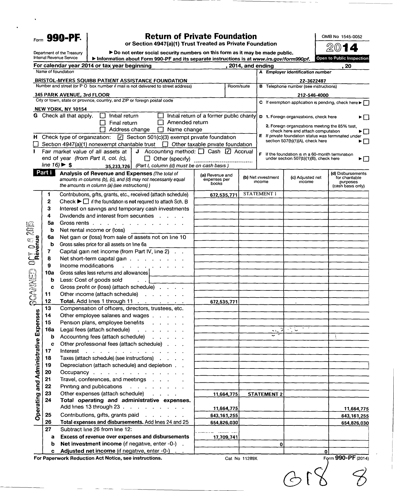 Image of first page of 2014 Form 990PF for Bristol-Myers Squibb Patient Assistance Foundation (BMSPAF)