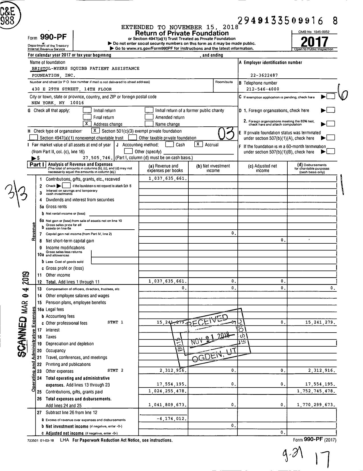 Image of first page of 2017 Form 990PF for Bristol-Myers Squibb Patient Assistance Foundation (BMSPAF)