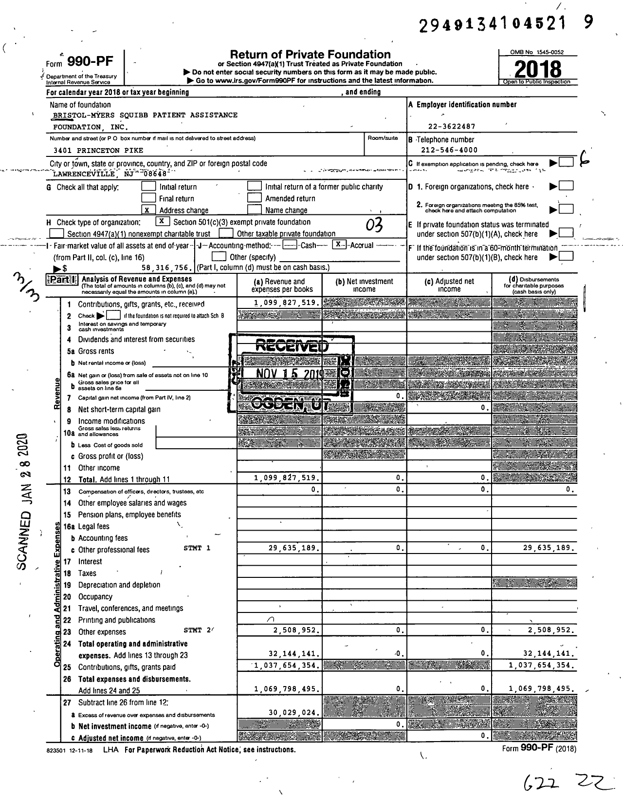 Image of first page of 2018 Form 990PF for Bristol-Myers Squibb Patient Assistance Foundation (BMSPAF)