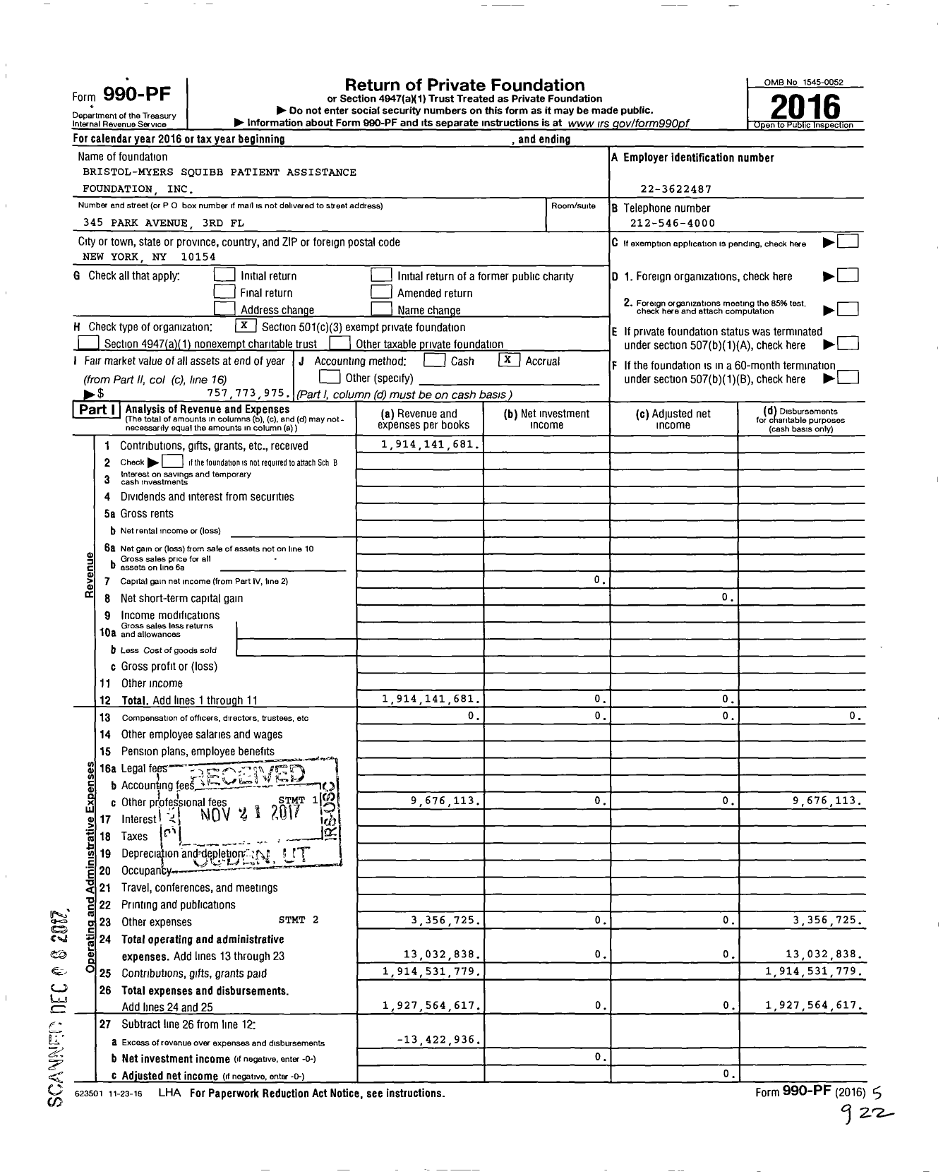 Image of first page of 2016 Form 990PF for Bristol-Myers Squibb Patient Assistance Foundation (BMSPAF)