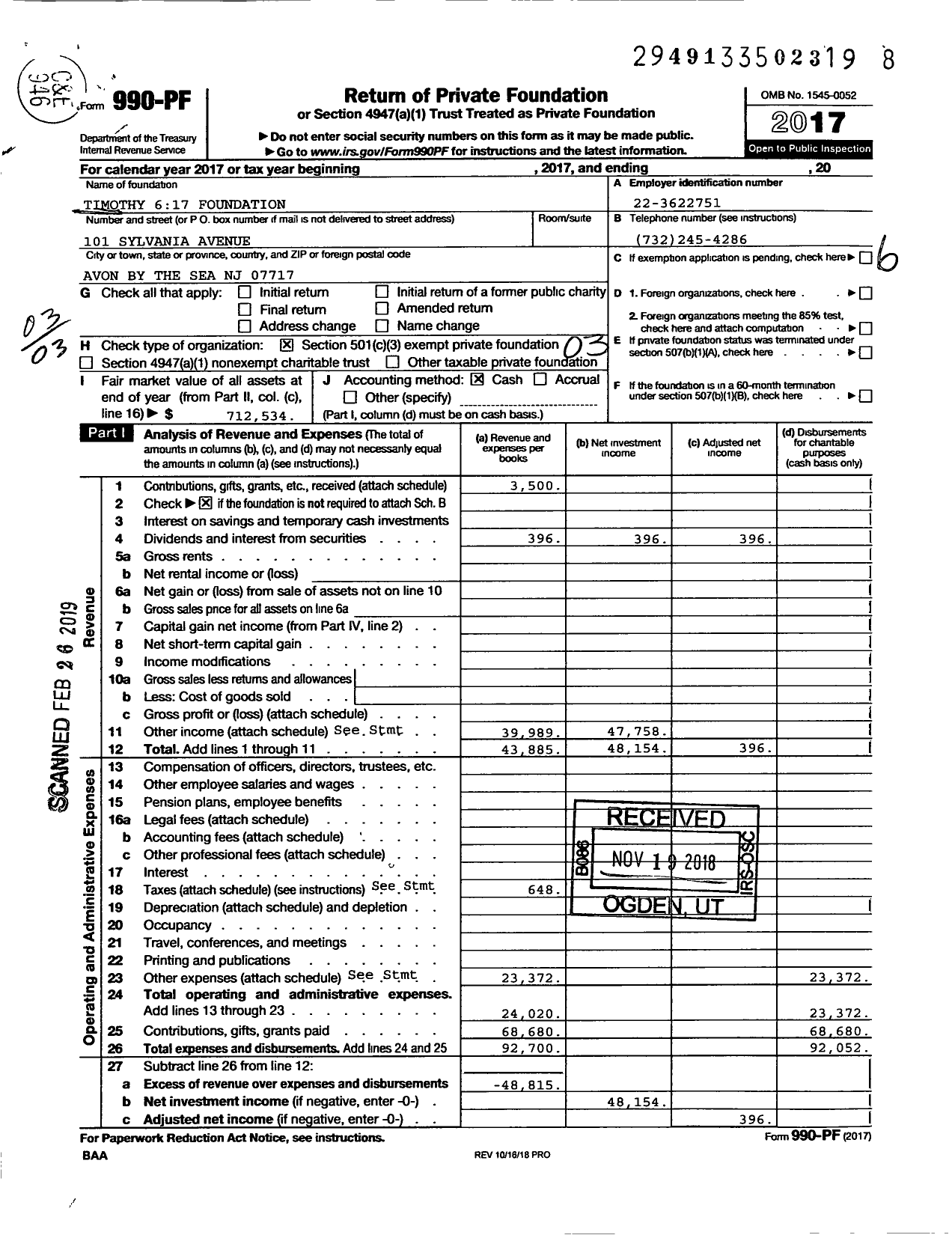 Image of first page of 2017 Form 990PF for Timothy 617 Foundation