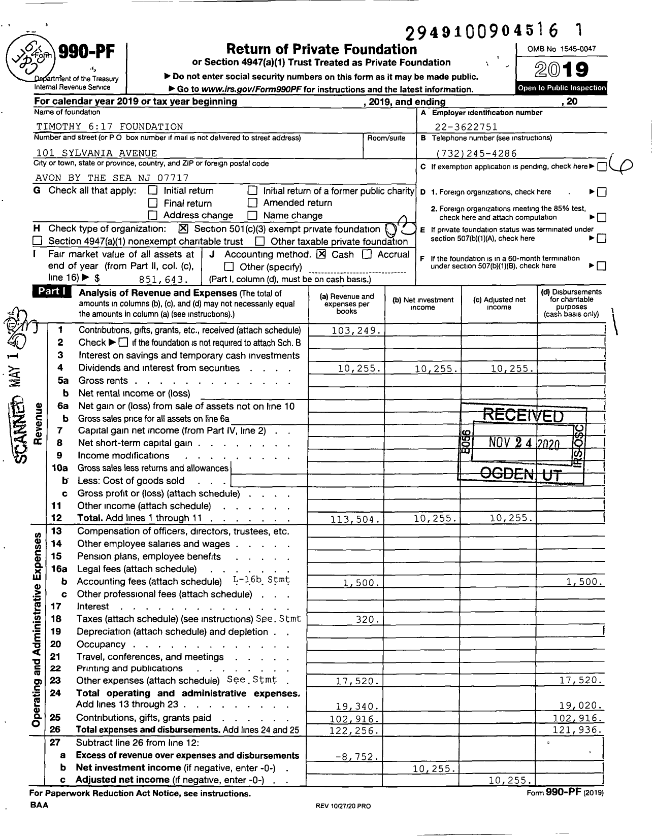 Image of first page of 2019 Form 990PF for Timothy 617 Foundation