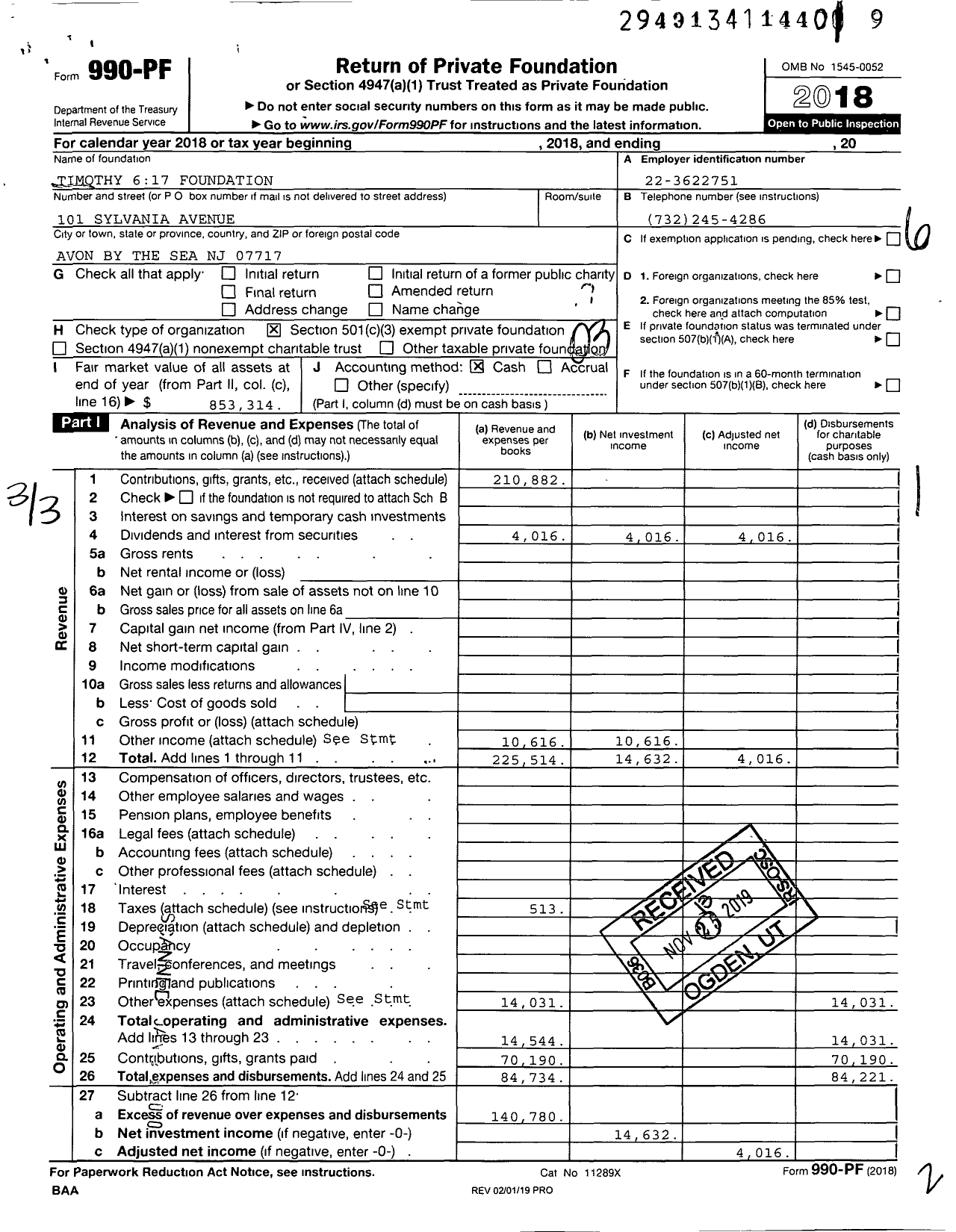 Image of first page of 2018 Form 990PF for Timothy 617 Foundation