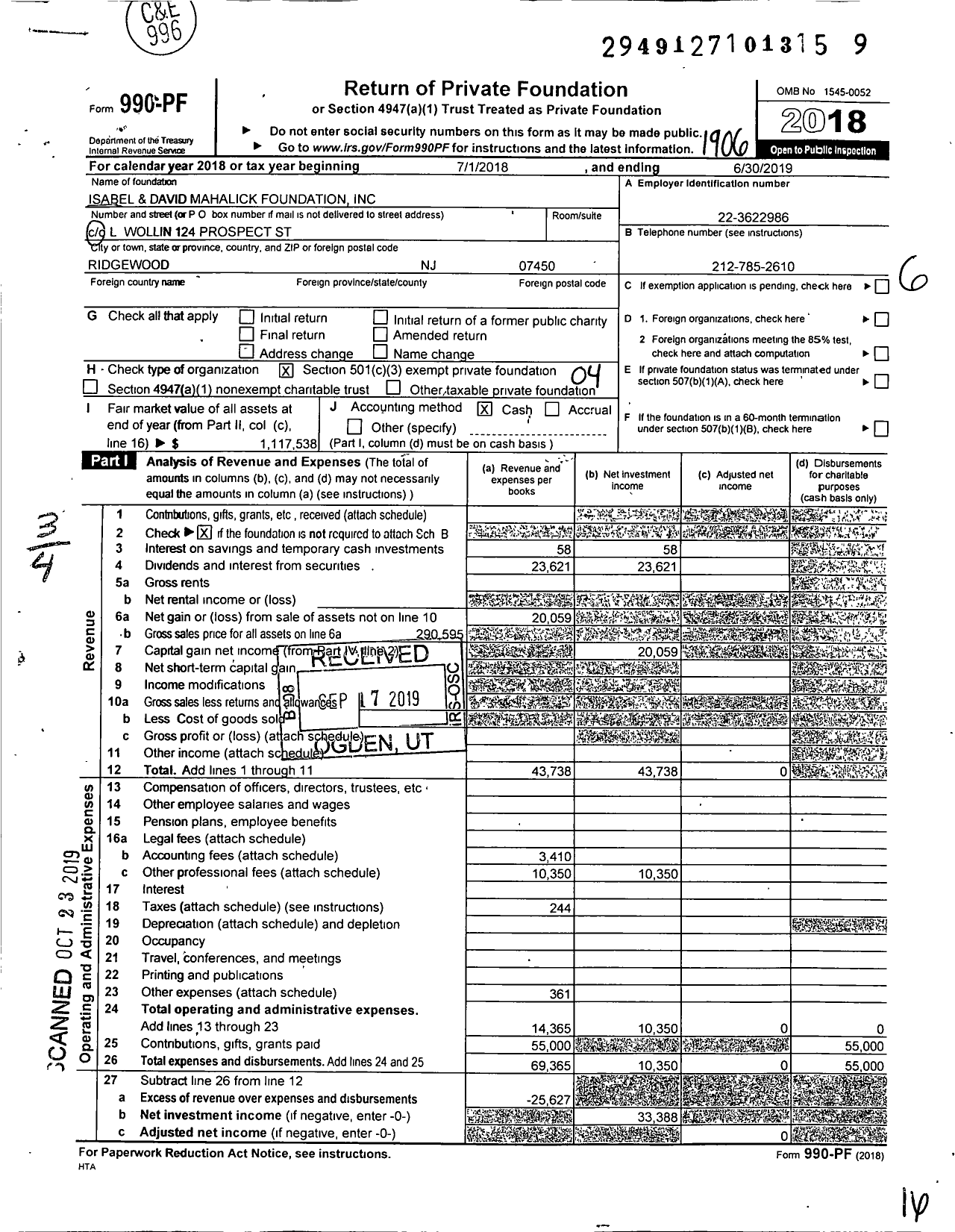 Image of first page of 2018 Form 990PF for Isabel and David Mahalick Foundation