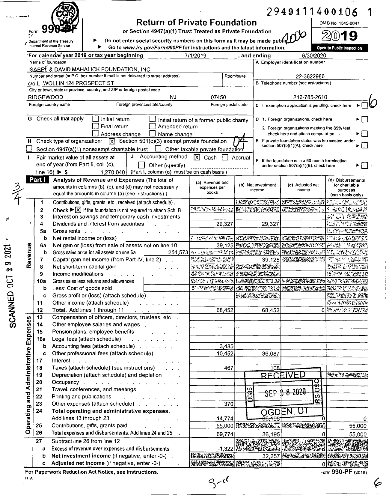 Image of first page of 2019 Form 990PF for Isabel and David Mahalick Foundation