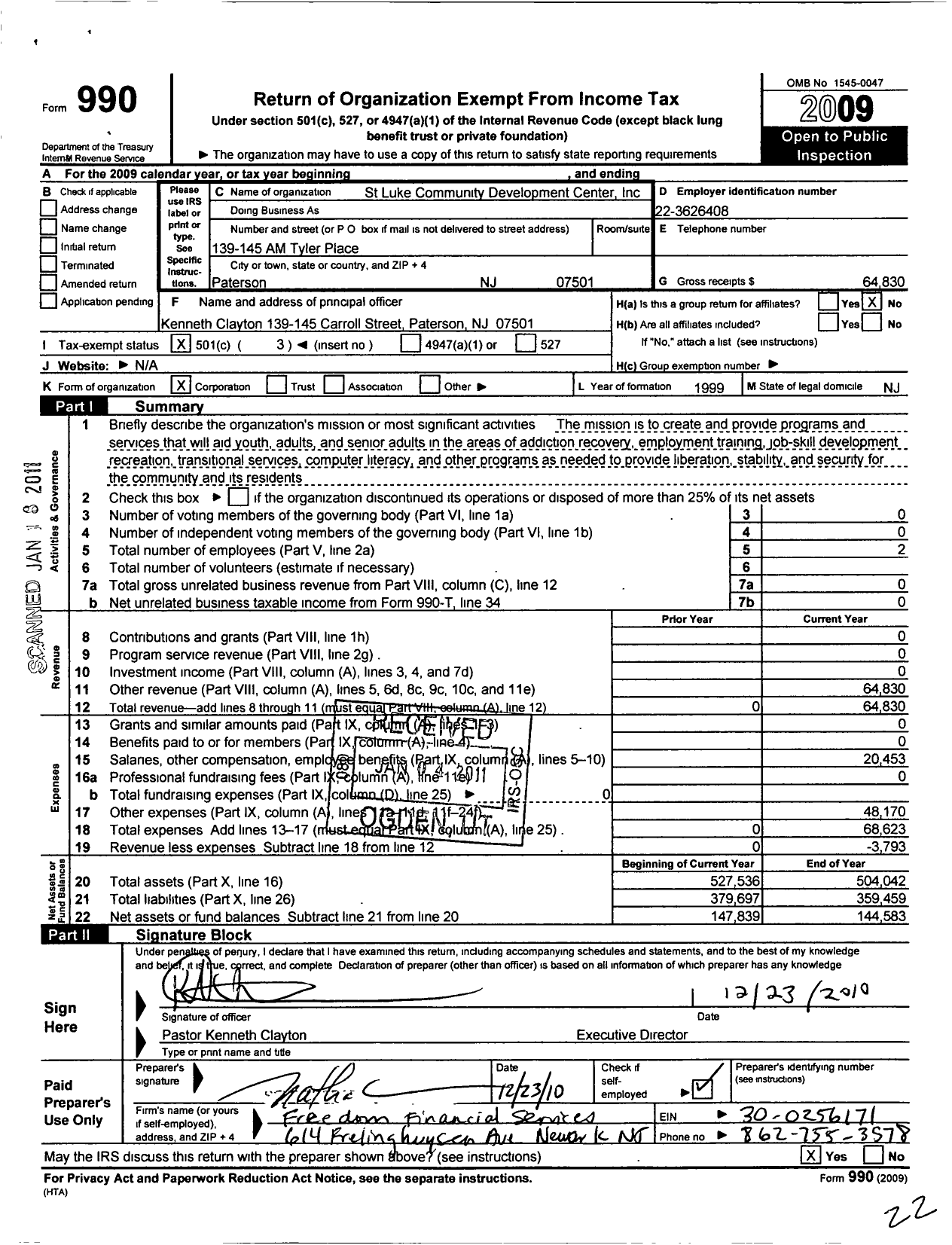 Image of first page of 2009 Form 990 for St Luke Community Development Center