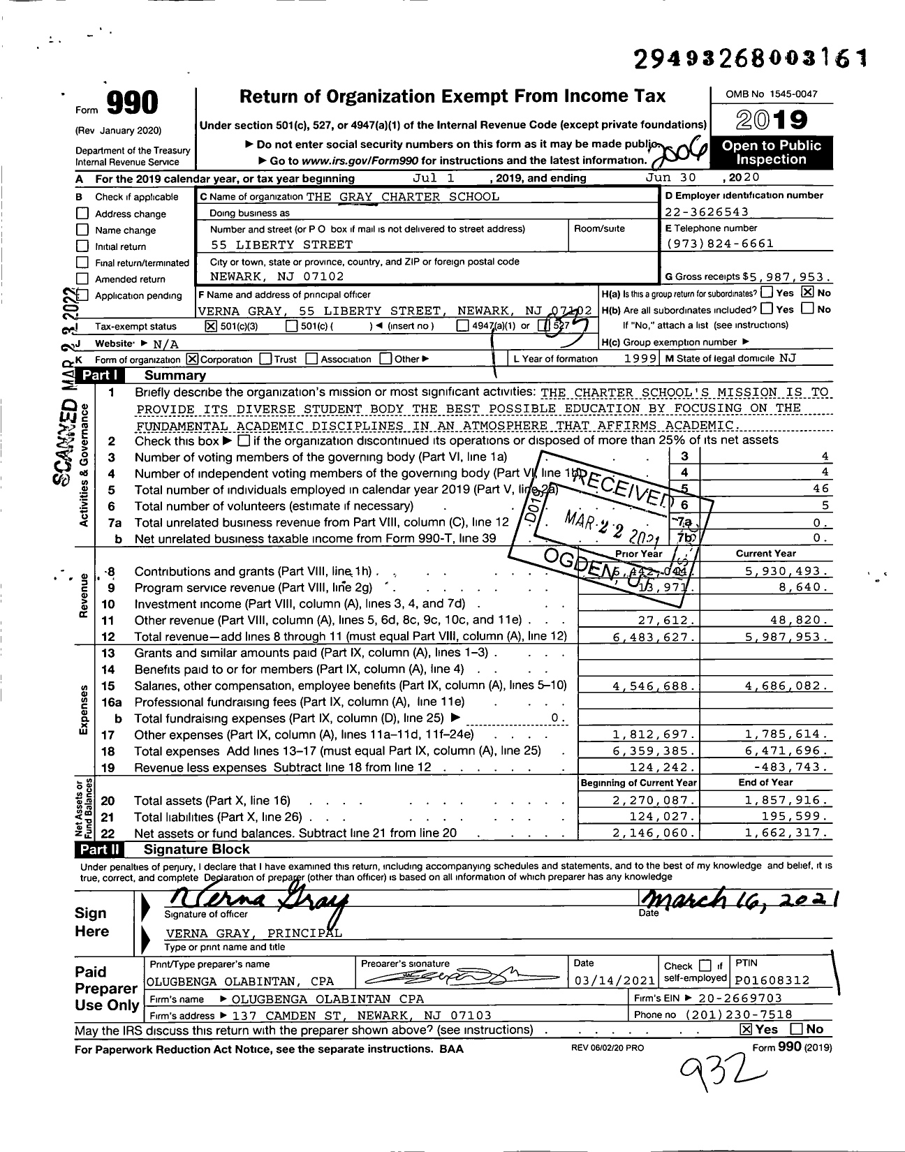 Image of first page of 2019 Form 990 for The Gray Charter School