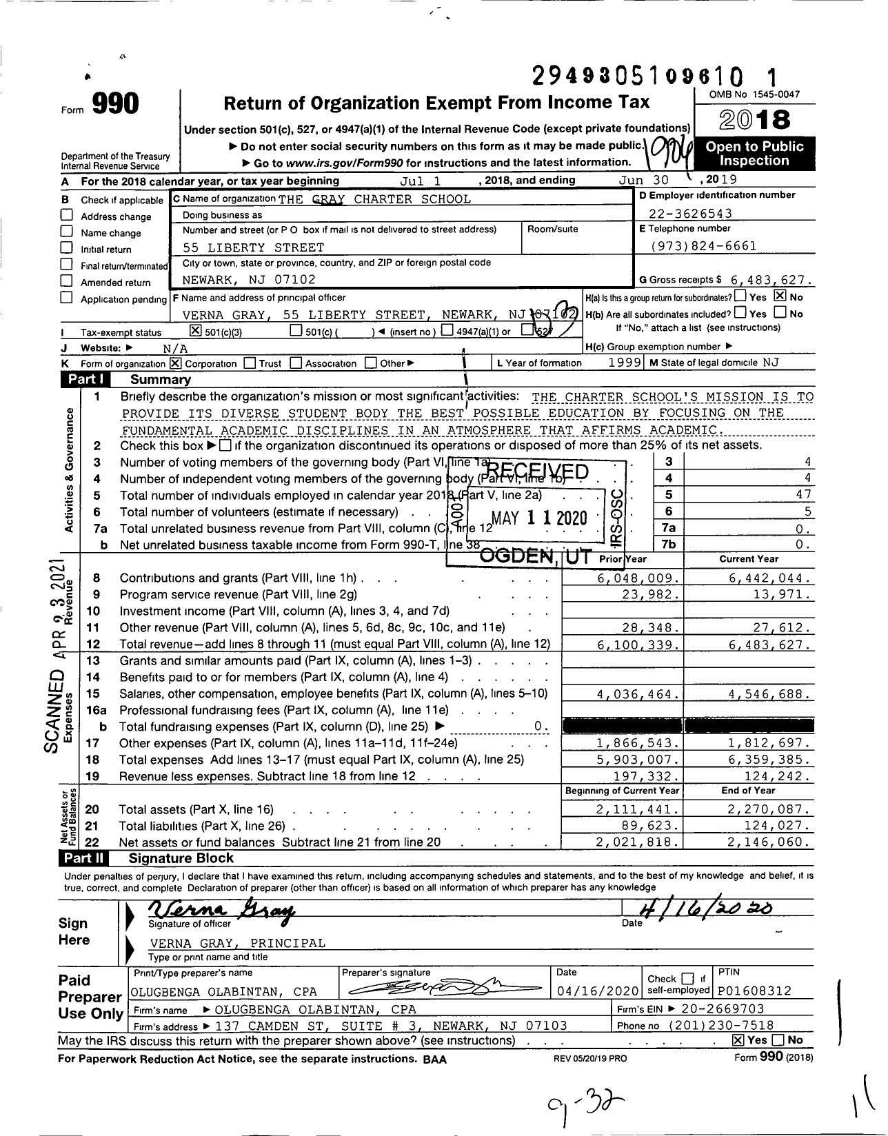 Image of first page of 2018 Form 990 for The Gray Charter School