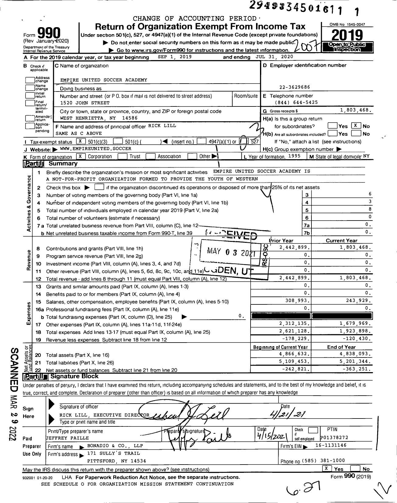 Image of first page of 2019 Form 990 for Empire United Soccer Academy