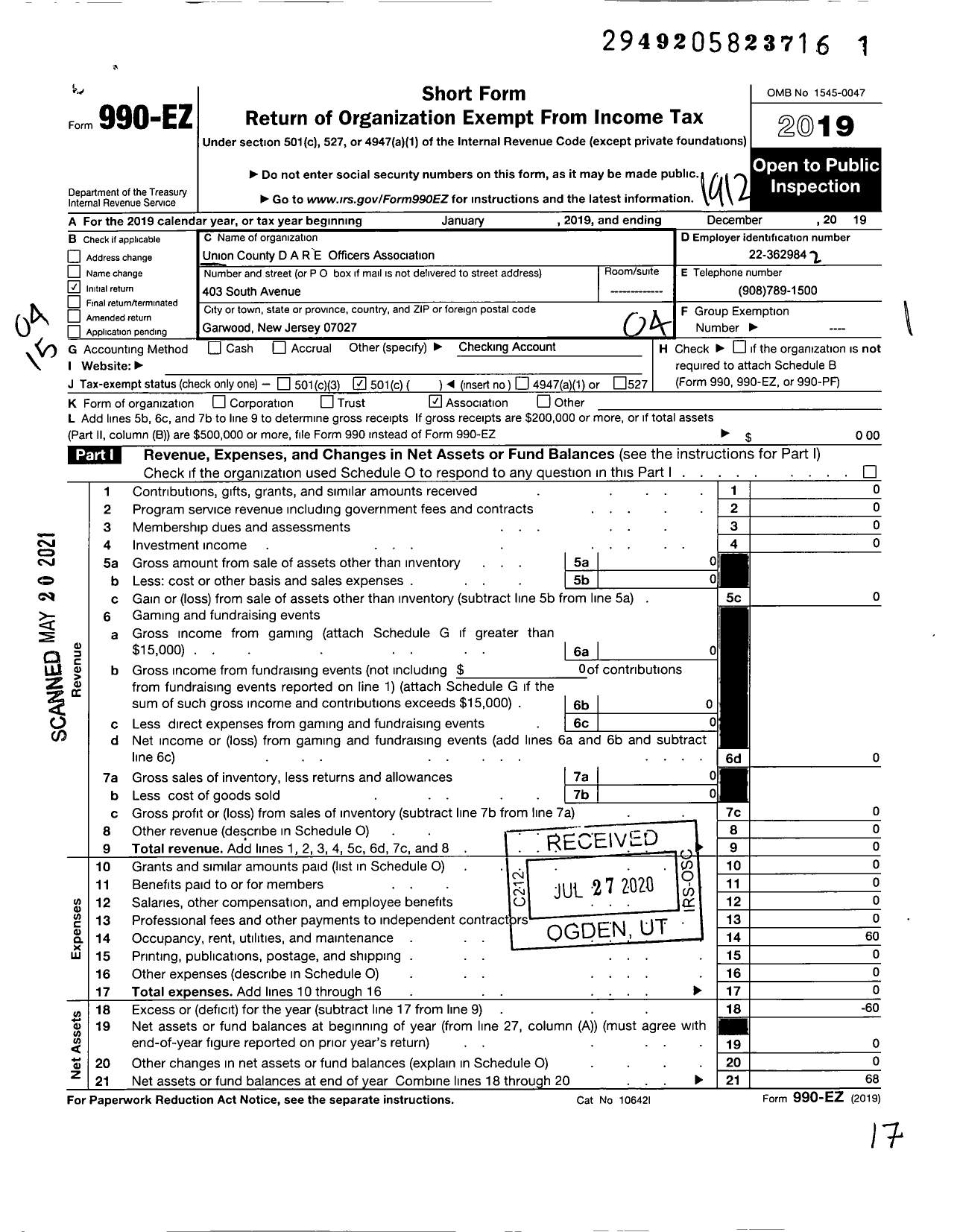 Image of first page of 2019 Form 990EO for Union County D A R E Officers Association