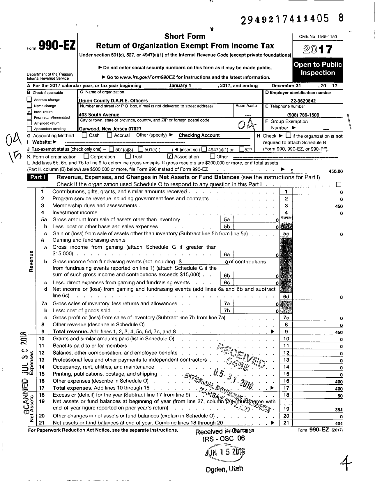 Image of first page of 2017 Form 990EO for Union County D A R E Officers Association