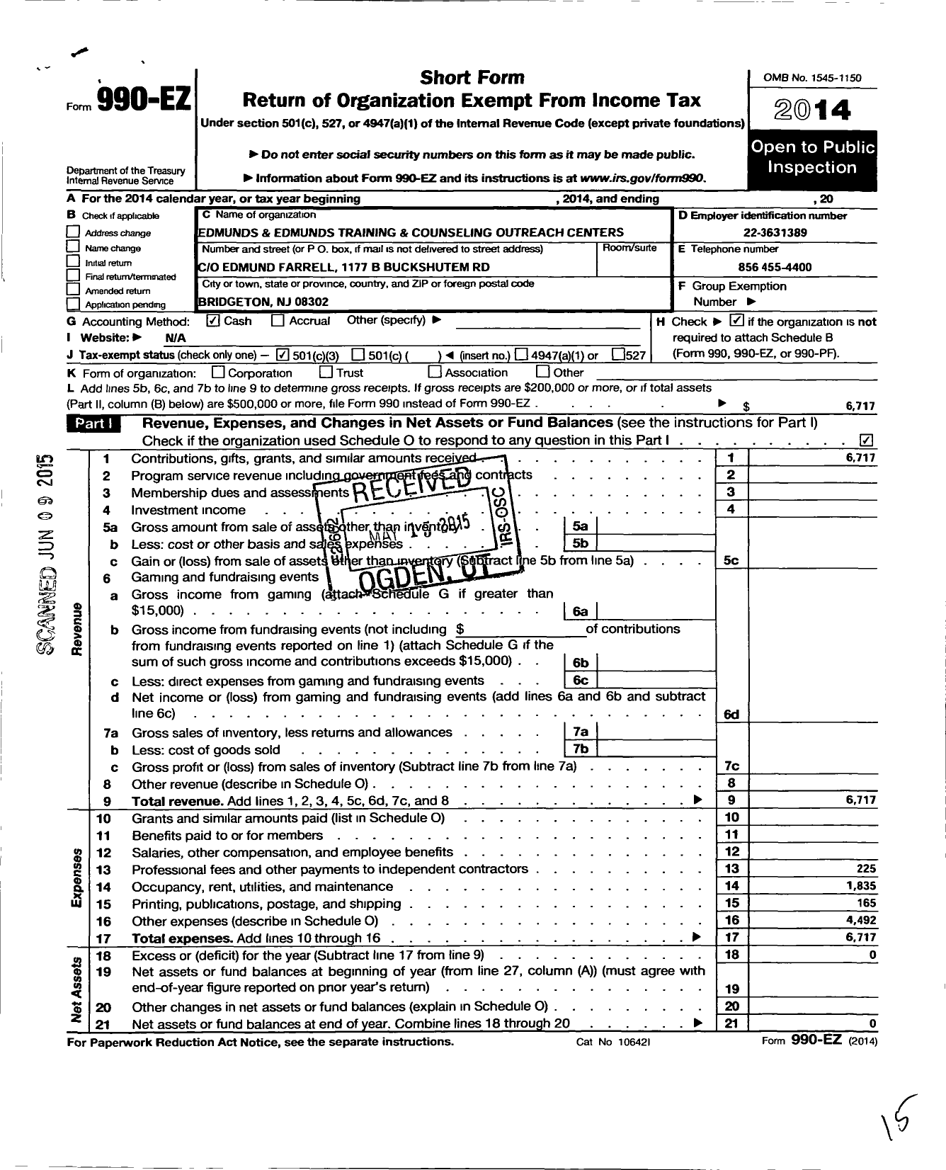 Image of first page of 2014 Form 990EZ for Edmunds and Edmunds Training and Counseling Outreach Program