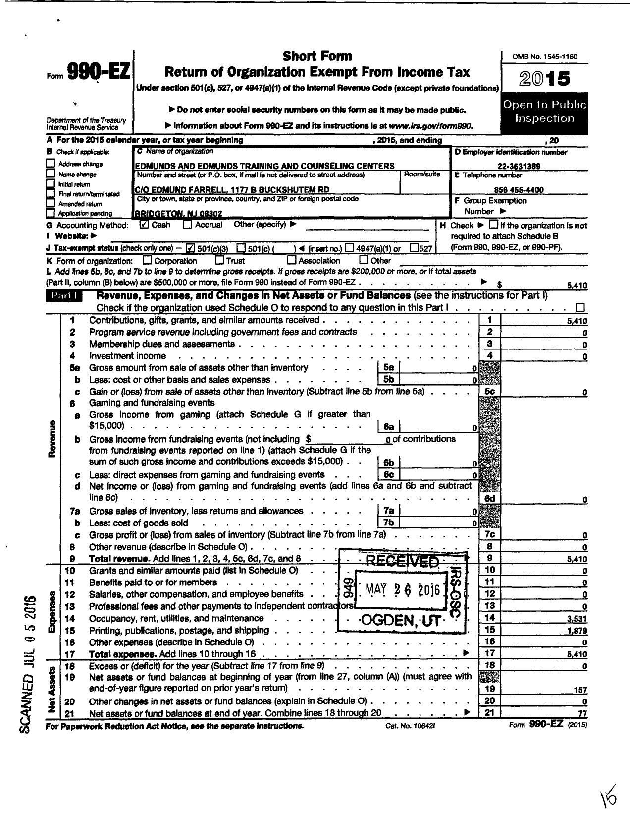 Image of first page of 2015 Form 990EZ for Edmunds and Edmunds Training and Counseling Outreach Program