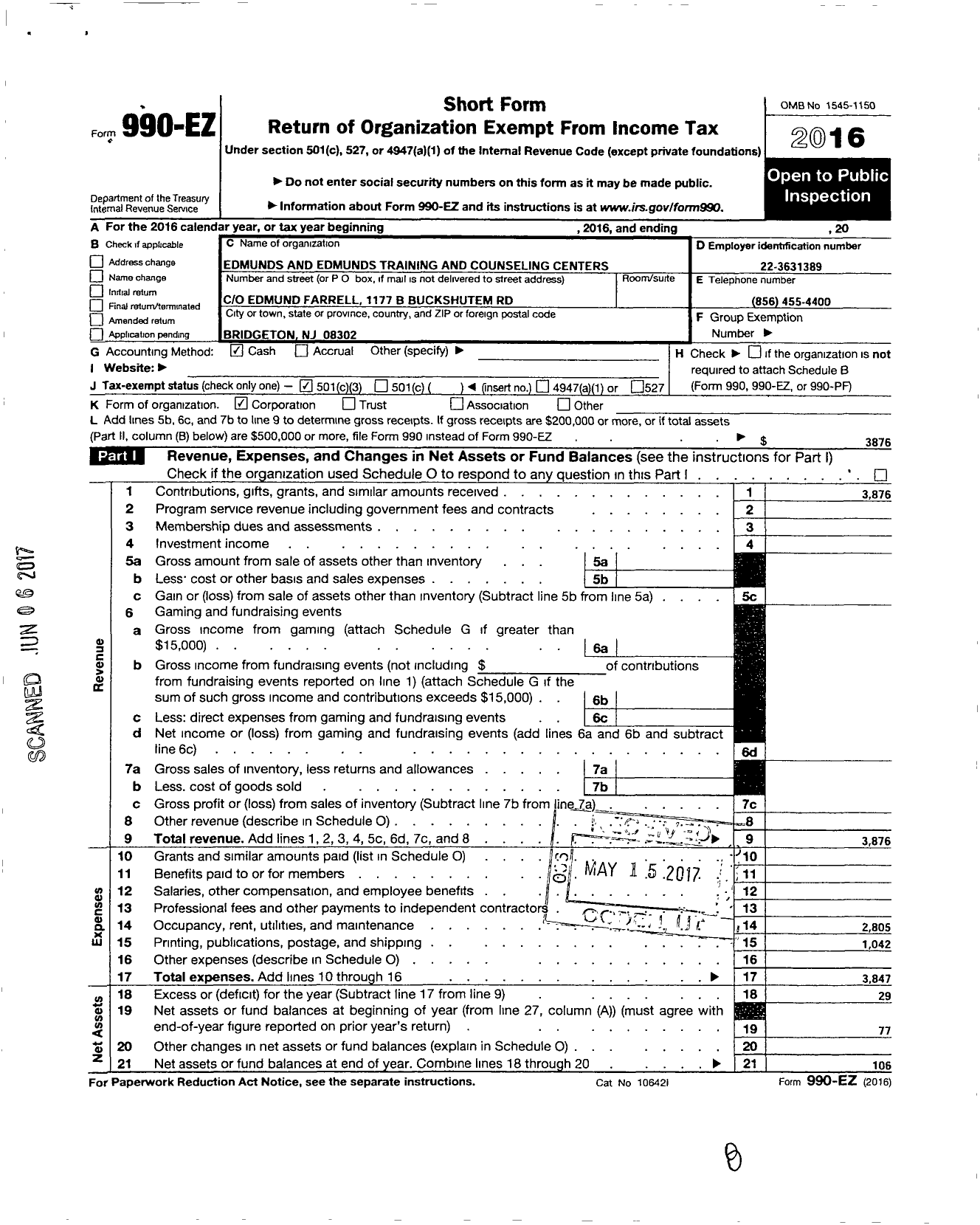 Image of first page of 2016 Form 990EZ for Edmunds and Edmunds Training and Counseling Outreach Program