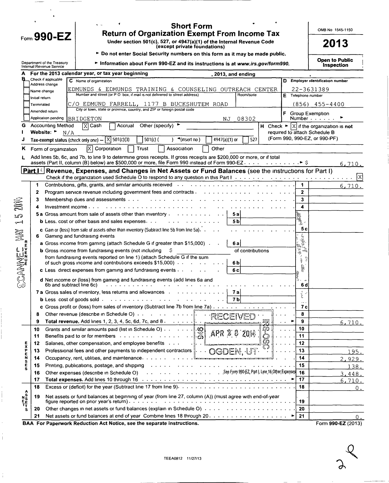 Image of first page of 2013 Form 990EZ for Edmunds and Edmunds Training and Counseling Outreach Program