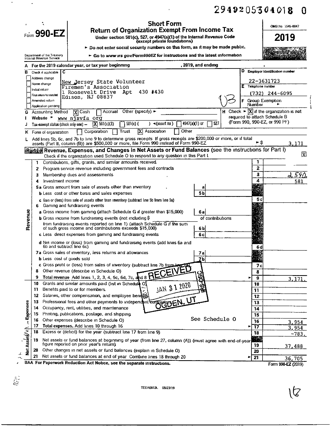 Image of first page of 2019 Form 990EZ for New Jersey Volunteer Firemens Association