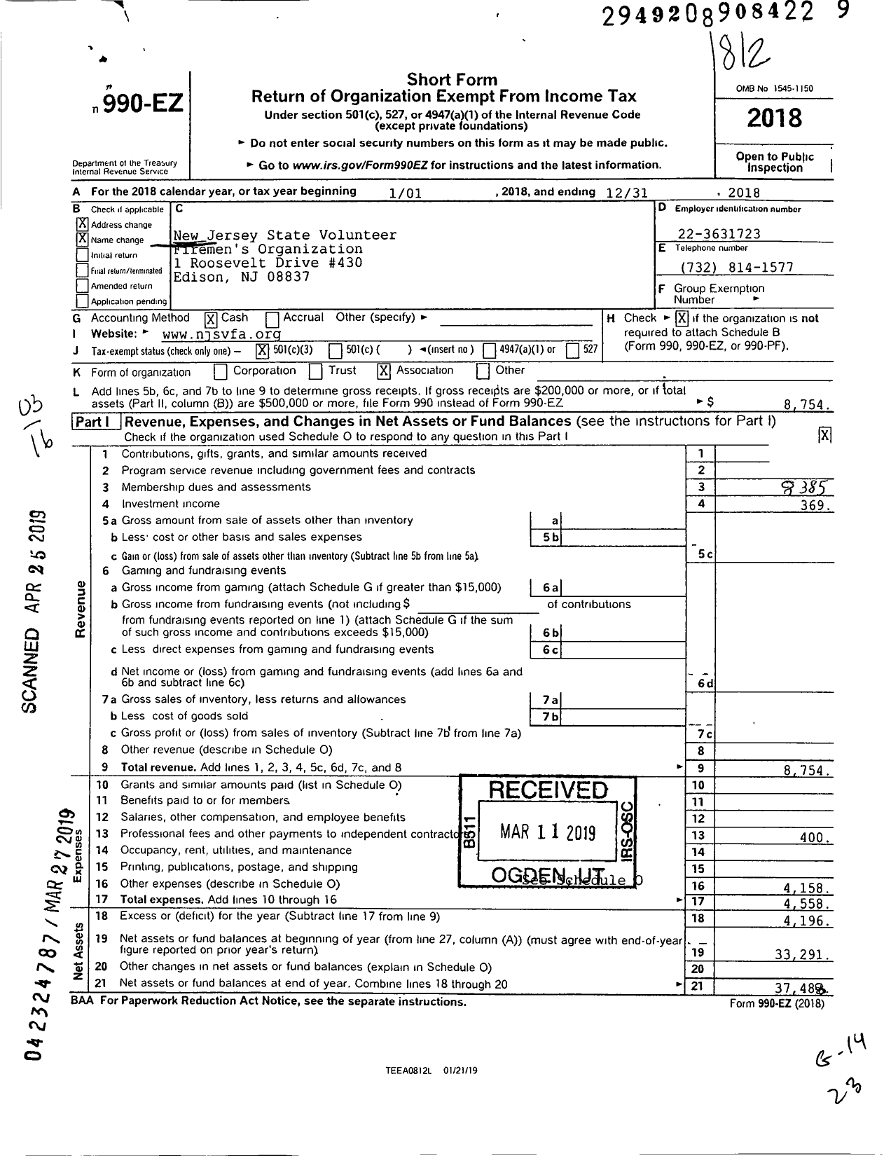 Image of first page of 2018 Form 990EZ for New Jersey Volunteer Firemens Association