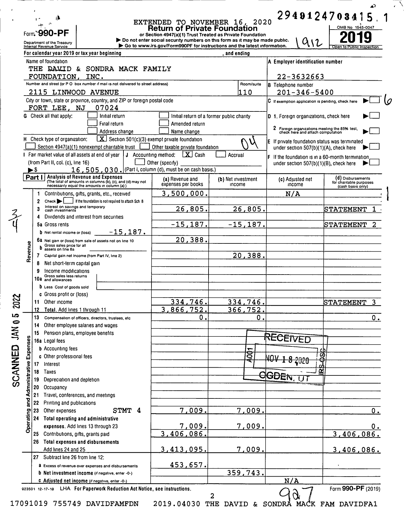 Image of first page of 2019 Form 990PF for The David and Sondra Mack Family Foundation