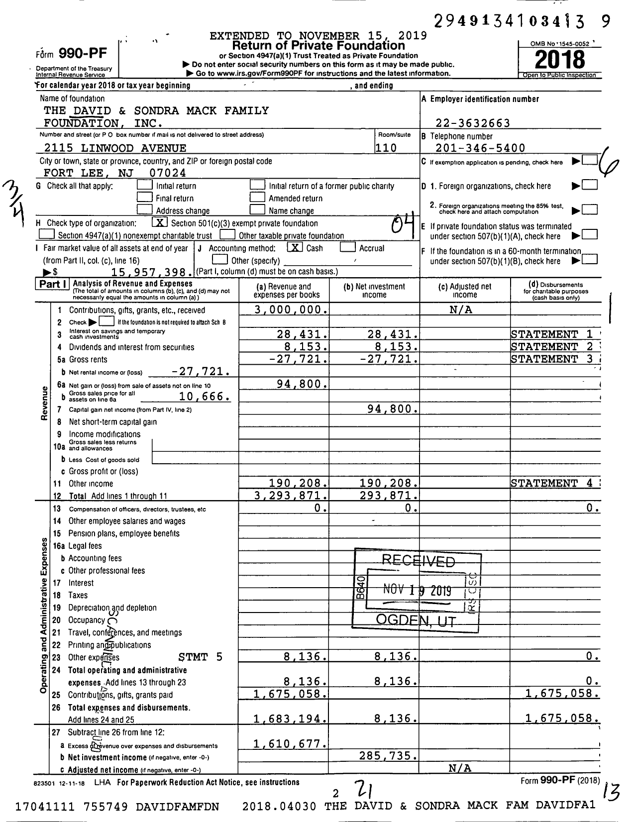 Image of first page of 2018 Form 990PF for The David and Sondra Mack Family Foundation