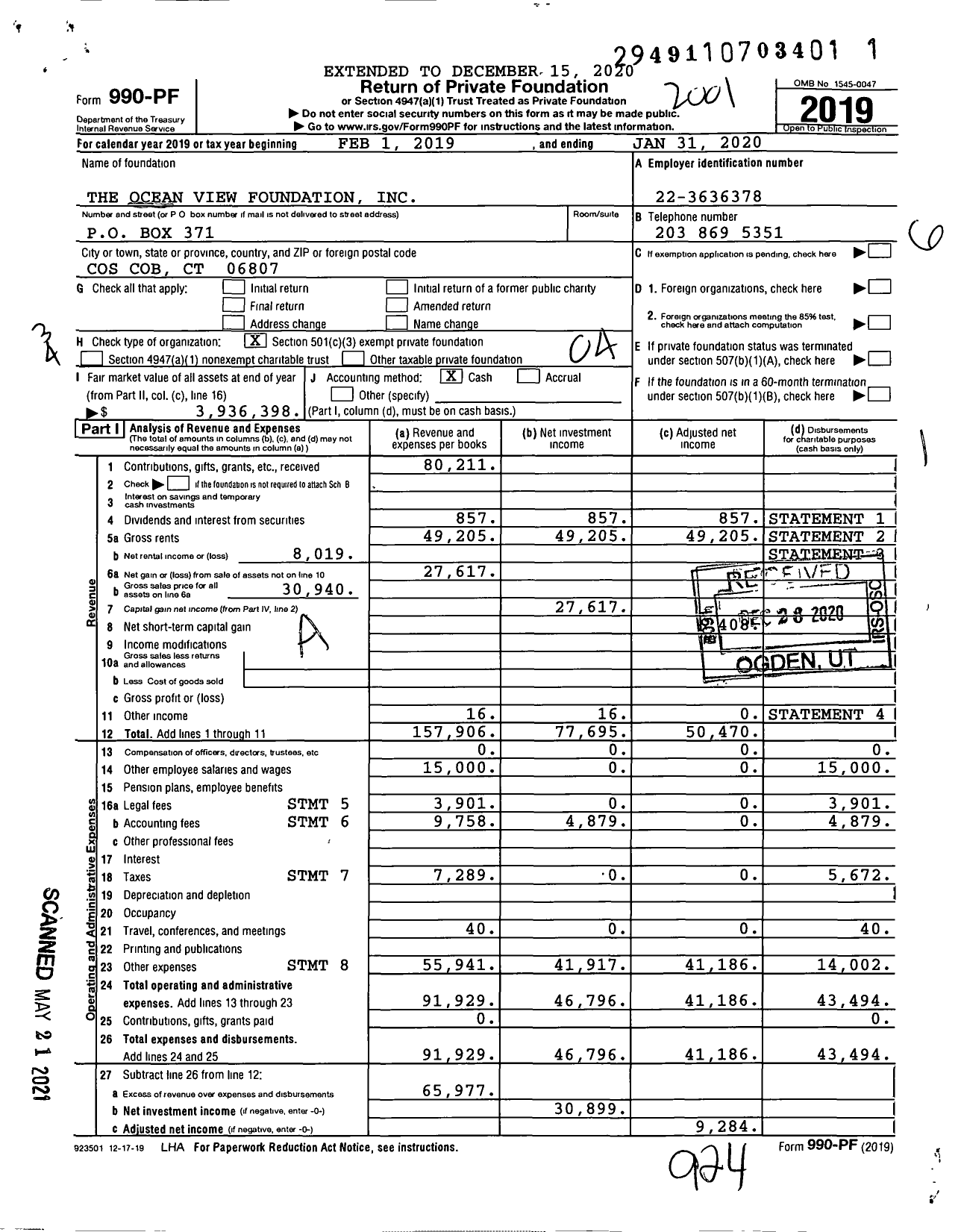 Image of first page of 2019 Form 990PF for The Ocean View Foundation
