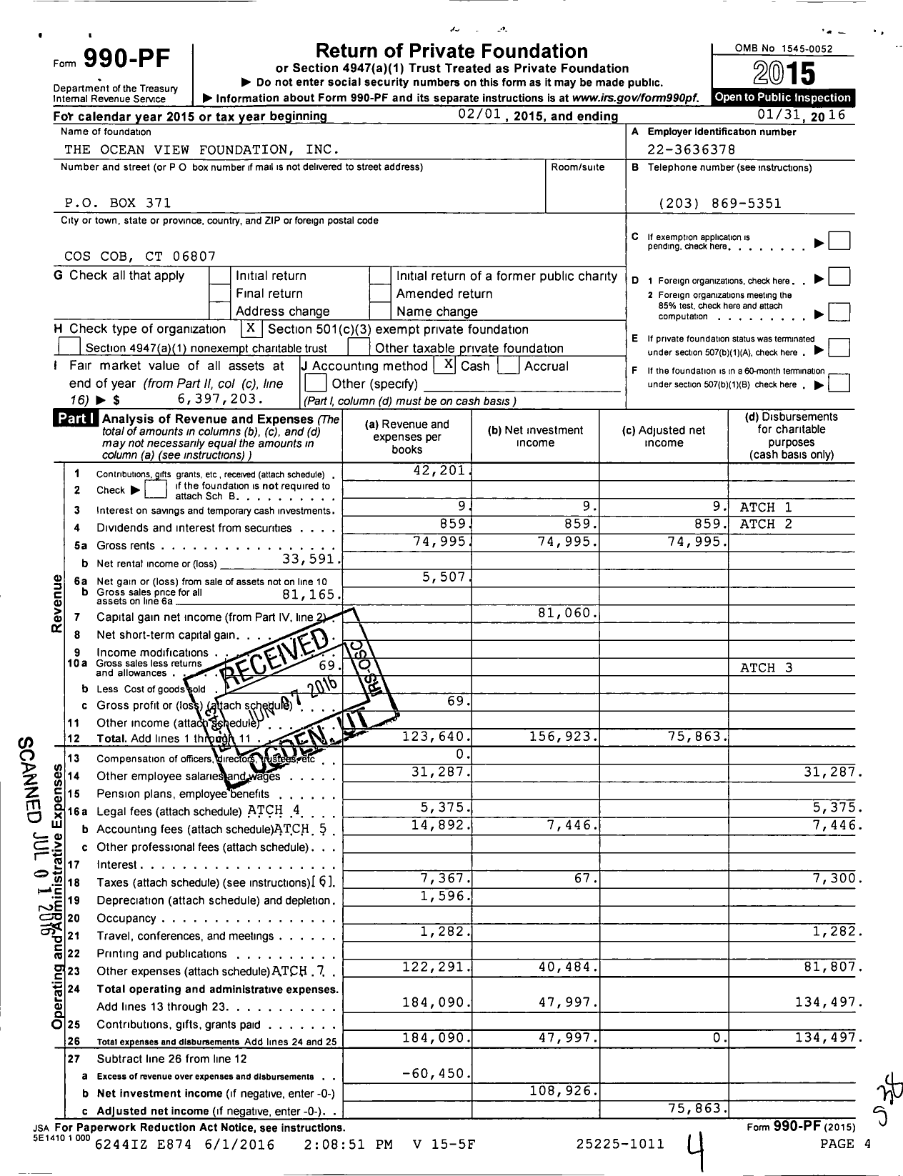 Image of first page of 2015 Form 990PF for The Ocean View Foundation