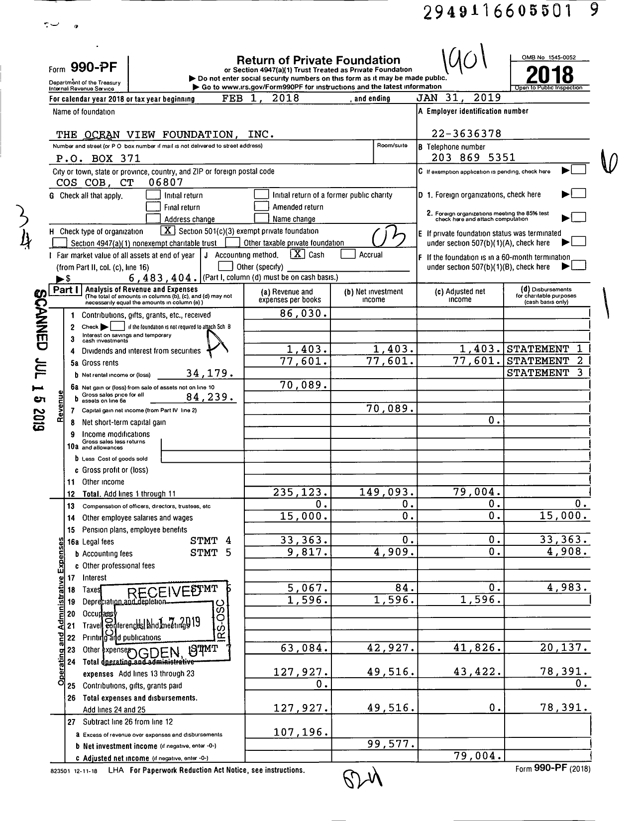 Image of first page of 2018 Form 990PF for The Ocean View Foundation