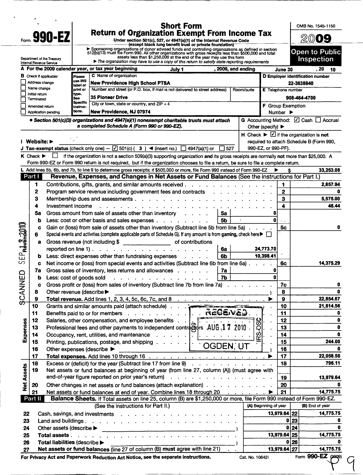 Image of first page of 2009 Form 990EZ for New Jersey PTA - 18947 New Providence High SCH PTA