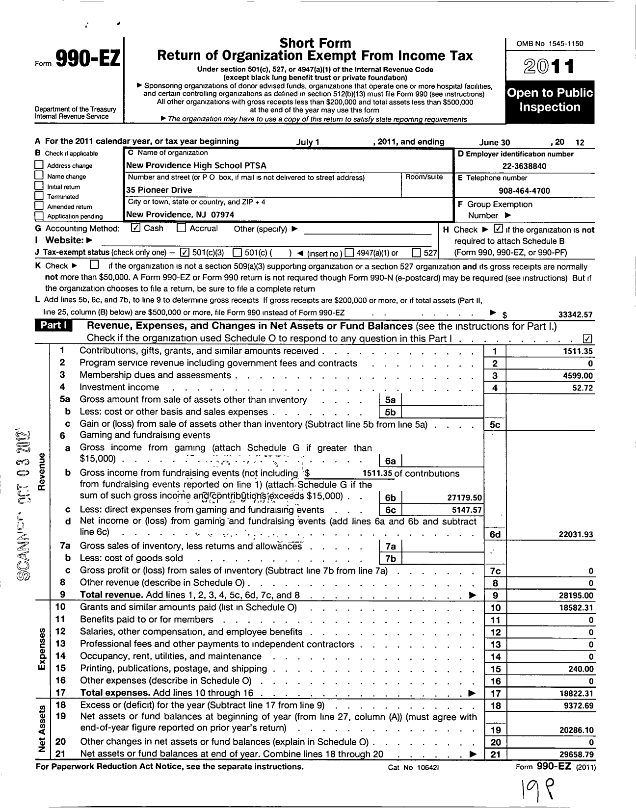 Image of first page of 2011 Form 990EZ for New Jersey PTA - 18947 New Providence High SCH PTA