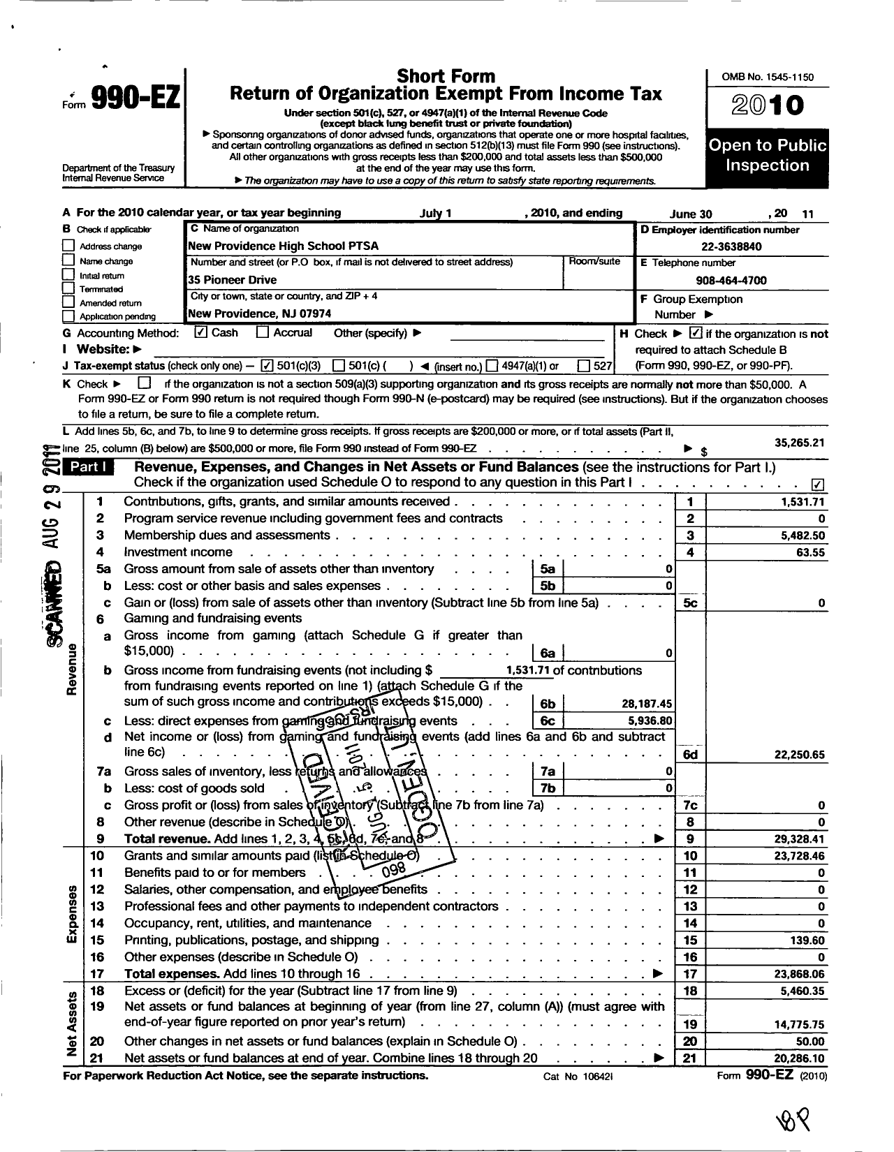 Image of first page of 2010 Form 990EZ for New Jersey PTA - 18947 New Providence High SCH PTA