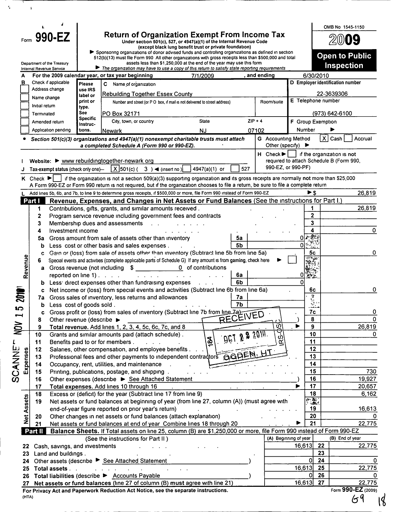 Image of first page of 2009 Form 990EZ for Rebuilding Together Essex County