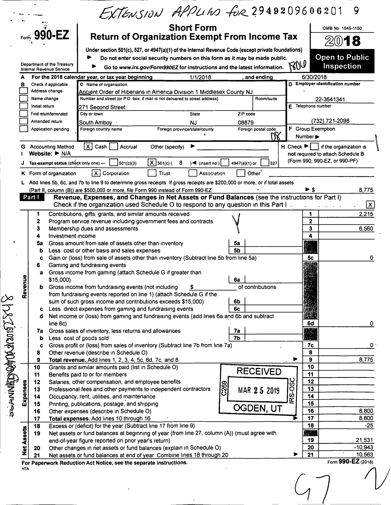 Image of first page of 2017 Form 990EO for Ancient Order of Hibernians in America - 28 Mi 01