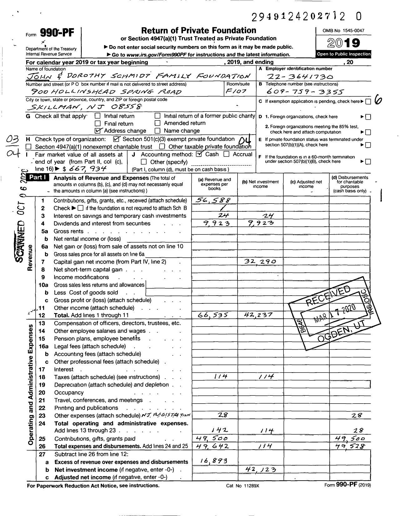 Image of first page of 2019 Form 990PR for John P Schmidt and Dorothy E Schmidt Family Foundation