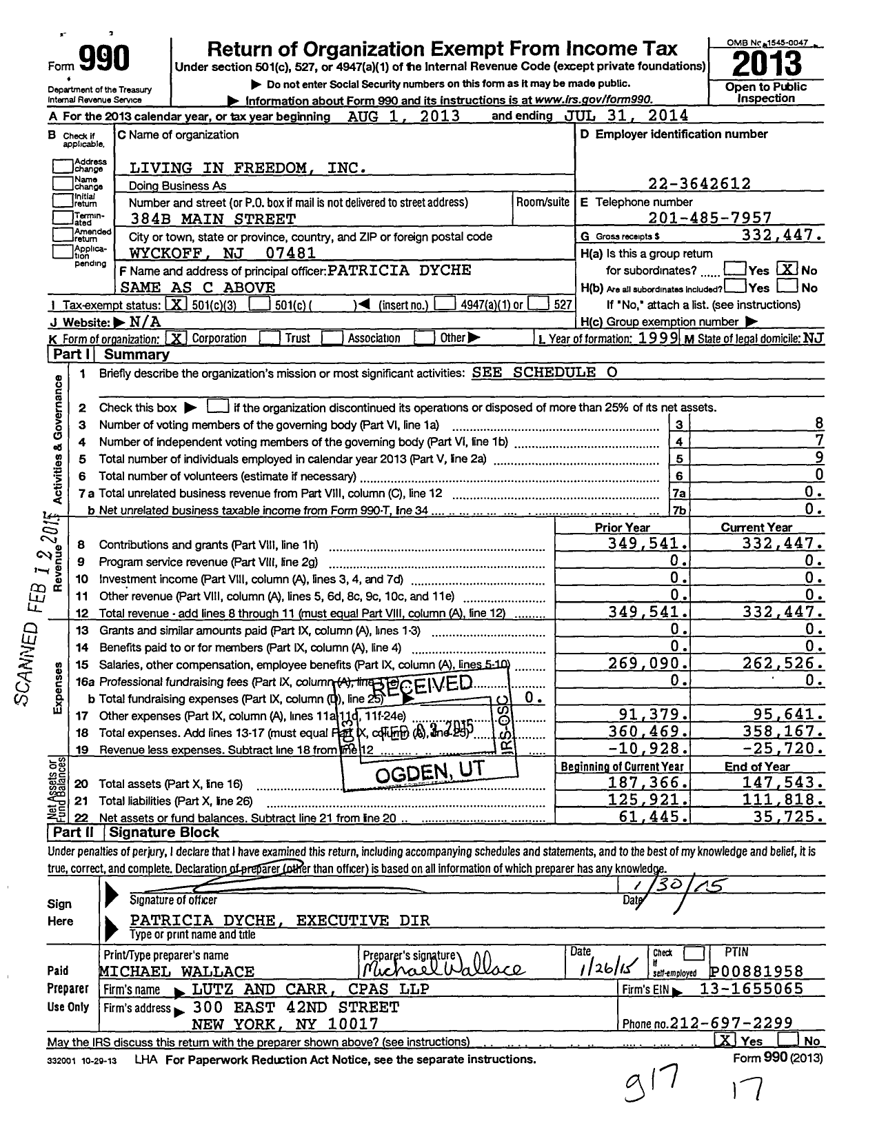 Image of first page of 2013 Form 990 for Living in Freedom