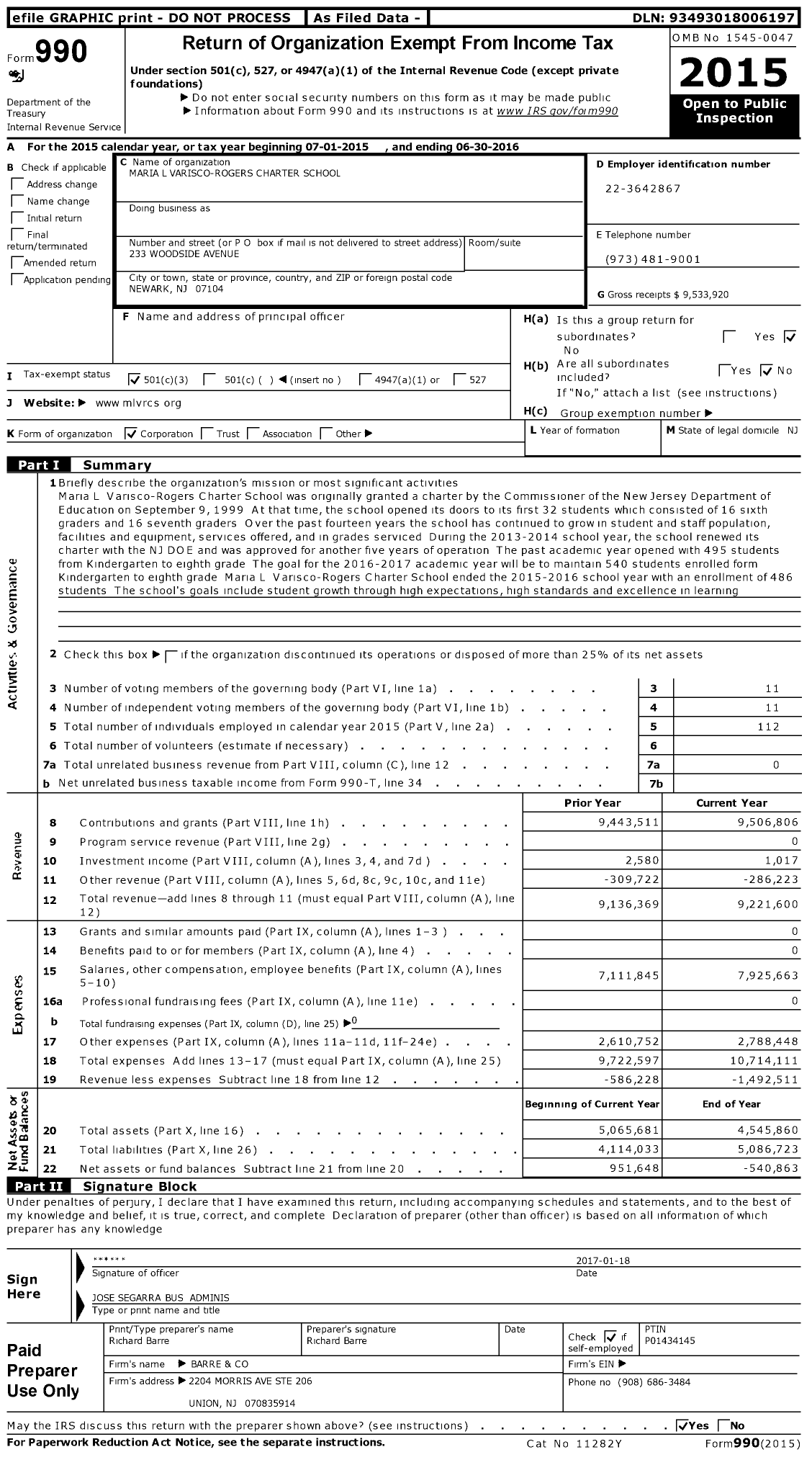 Image of first page of 2015 Form 990 for Maria L Varisco Rogers Charter School