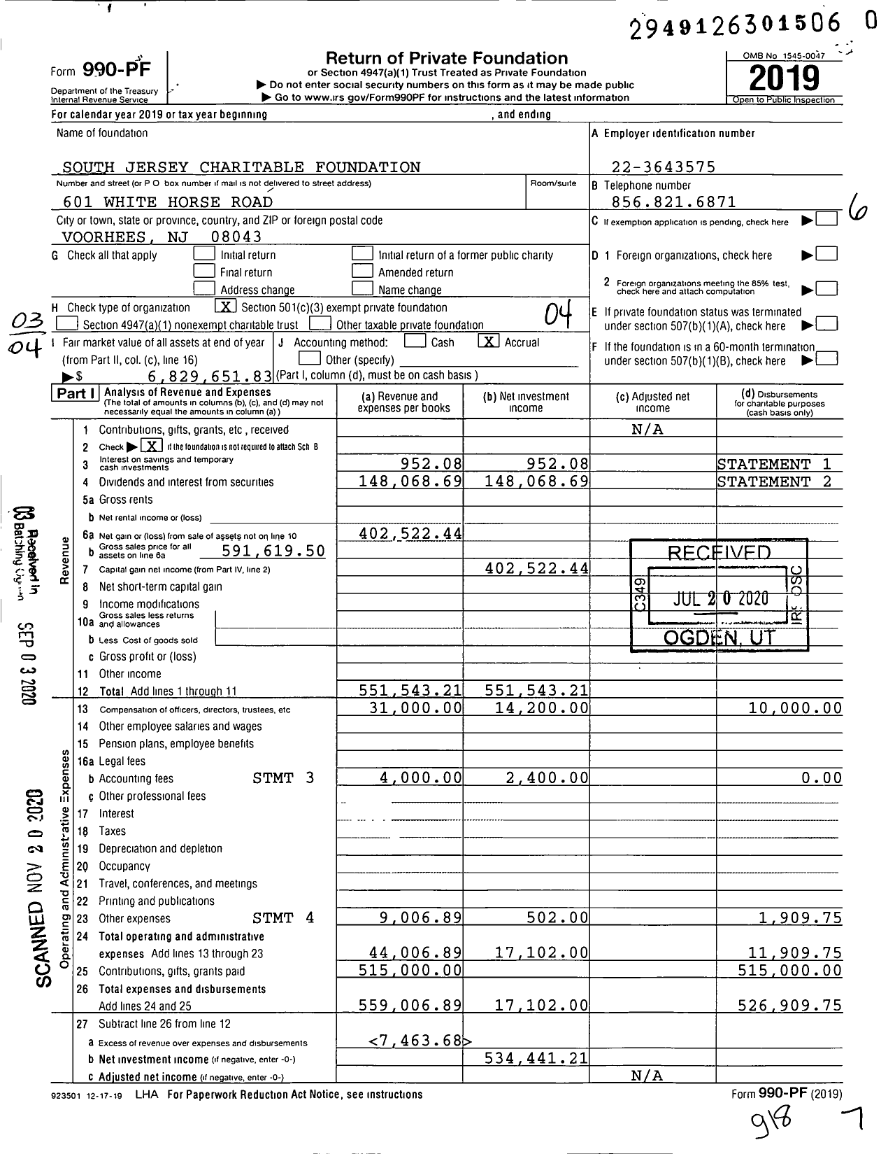 Image of first page of 2019 Form 990PF for South Jersey Charitable Foundation