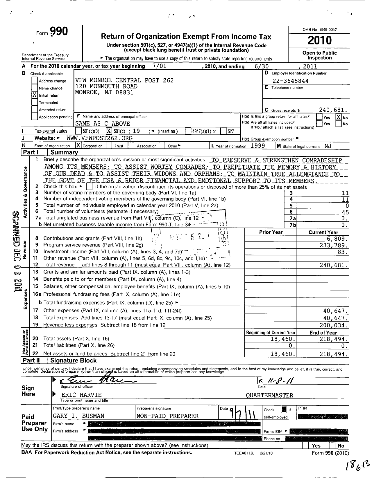 Image of first page of 2010 Form 990O for Department of New Jersey VFW - 262 Monroe-Jamesburg Post